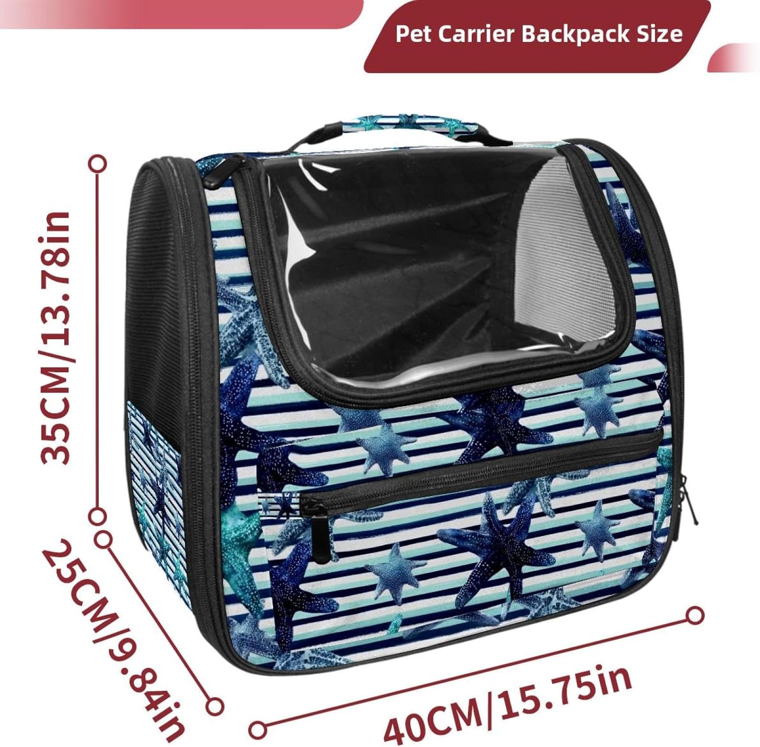 Portable Travel pet Backpack Carrier Hamster Bag Small Dog cat Carrier Breathable Hang Bag, Navy Blue and Turquoise Sea Stars on Str (3)
