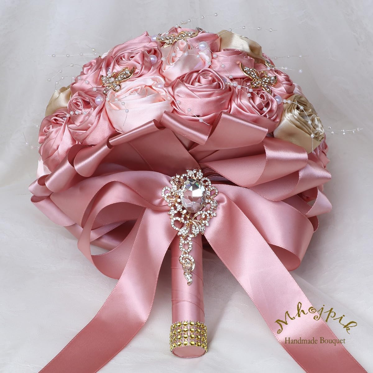 Handmade Wedding Flowers Bouquet Round Holding Bridal Bouquet Artificial Satin Roses Bunch for Bride Bridesmaid Wedding Quinceanera