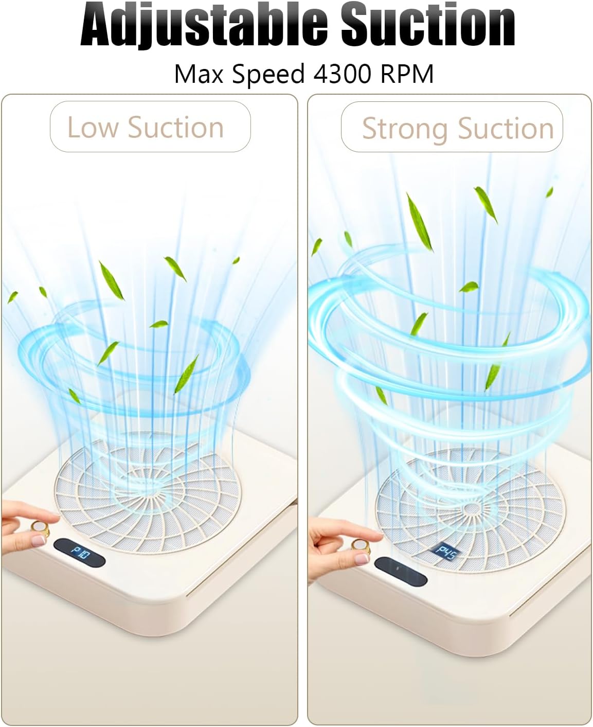 4300RPM Low Noise Nail Dust Collector - 45 Gear Adjustable Vacuum Fan Dust Extractor with Reusable Filter and LED Display,Green Nail Tech Tool for Home and Professional Salon Use