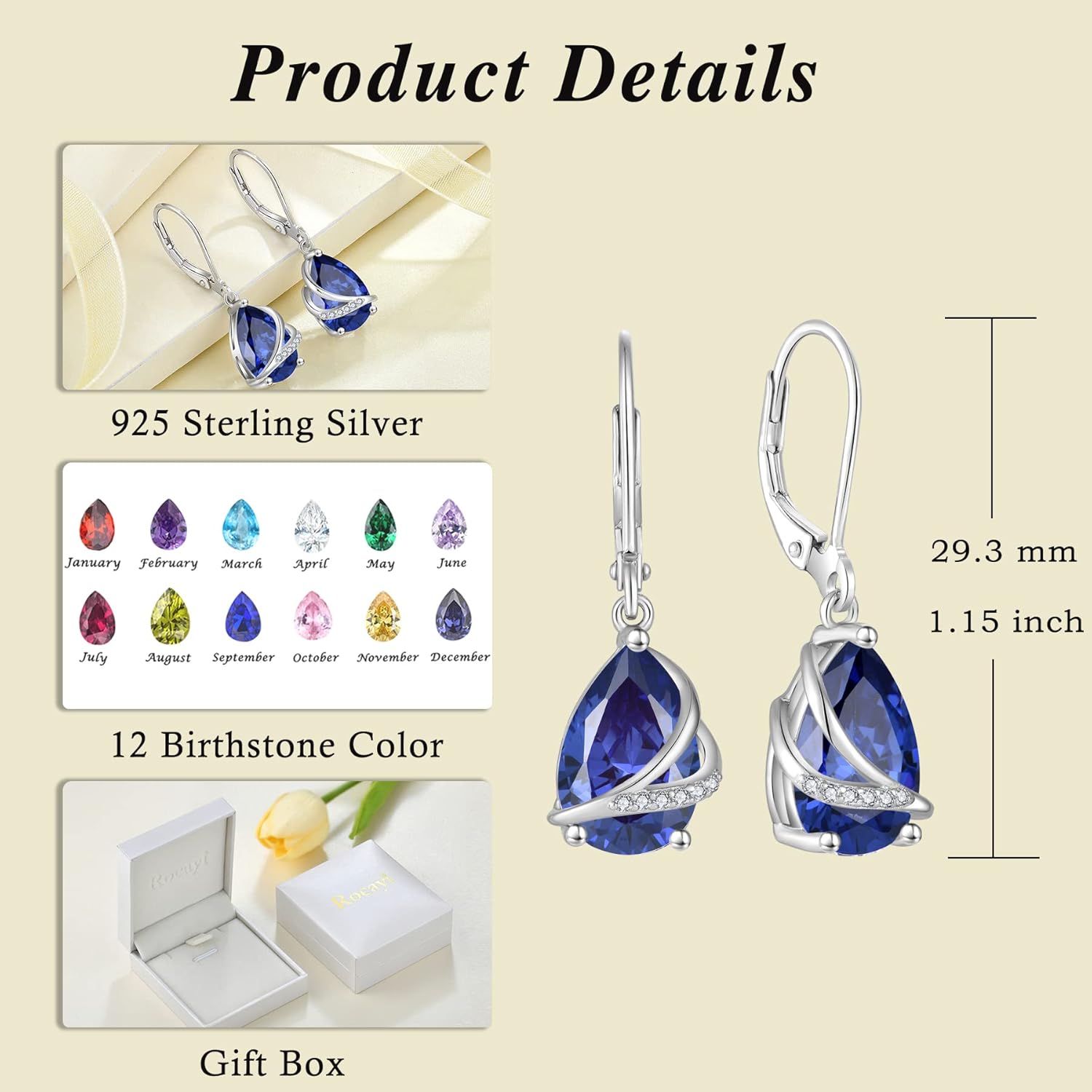 Birthstone Dangle Drop Earrings for Women 925 Sterling Silver Teardrop Leverback Earrings Jewelry Gifts for Wife Mother Her - Image 6