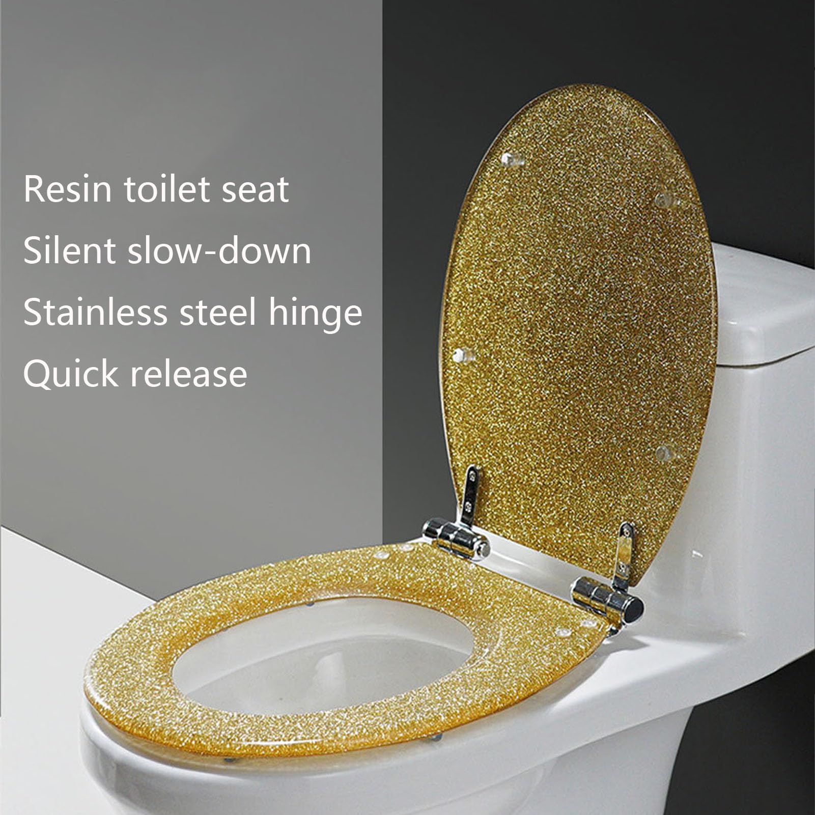 Owalna Deska sedesowa z żywicy Golden Glitter Deska sedesowa o wolnym opadaniu z cicho zamykającą się pokrywą i deską sedesową, mocowanie od góry, zawiasy ze stali nierdzewnej, 42x36cm