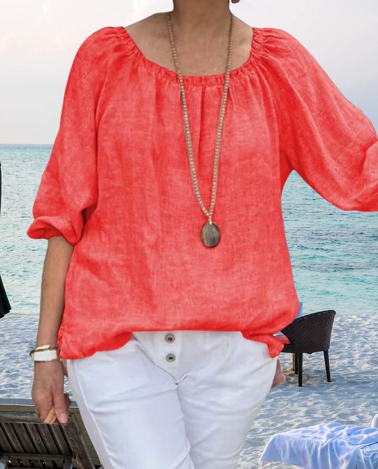 Summer Casual Womens Linen Shirt Round Neck Half Sleeve Linen Loose Pleated Tops Fashion Blouse T Shirt - Image 2