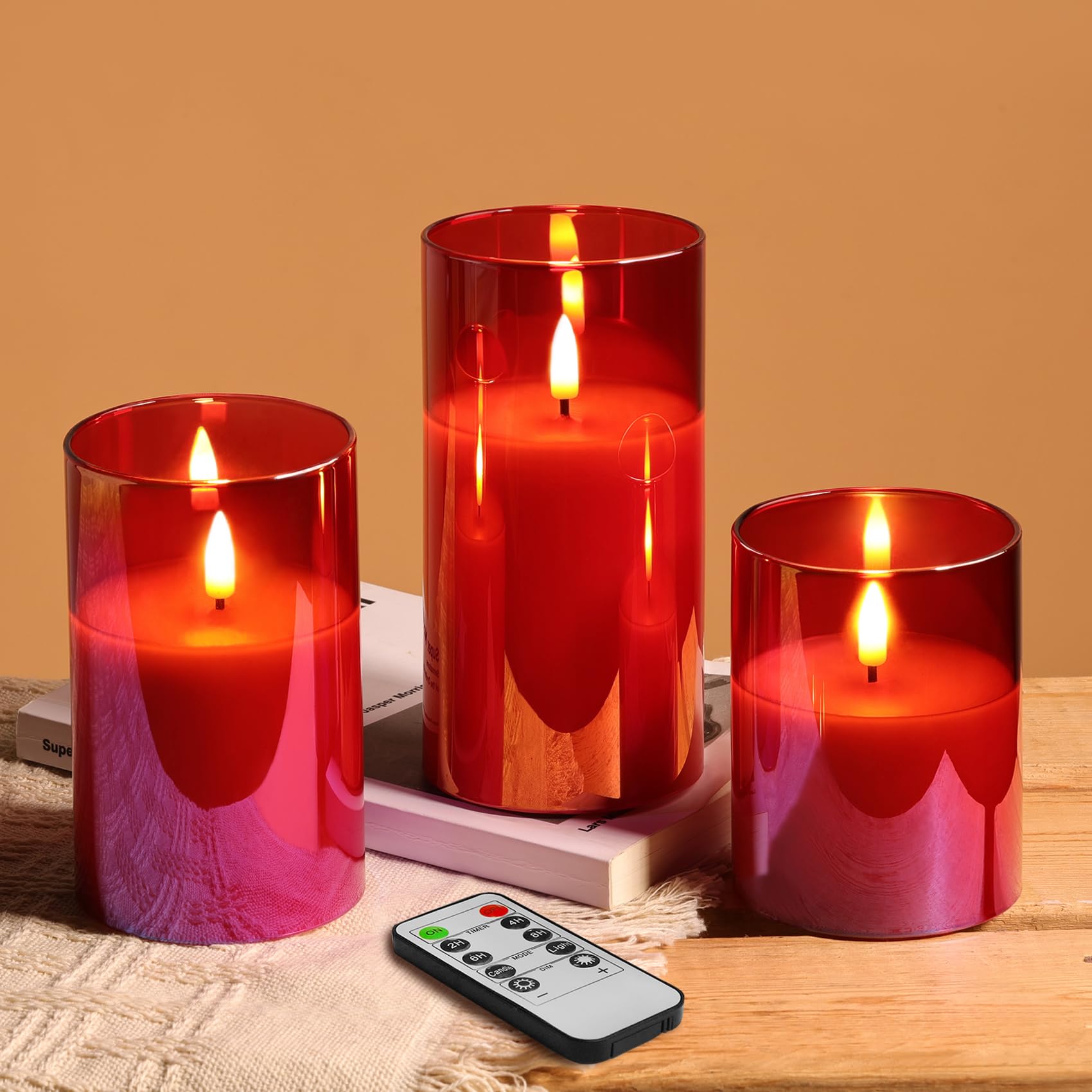 Eywamage Red Glass Flameless Pillar Candles with Remote, Flickering Battery LED Candles Home Decor Set of 3 โ image 1