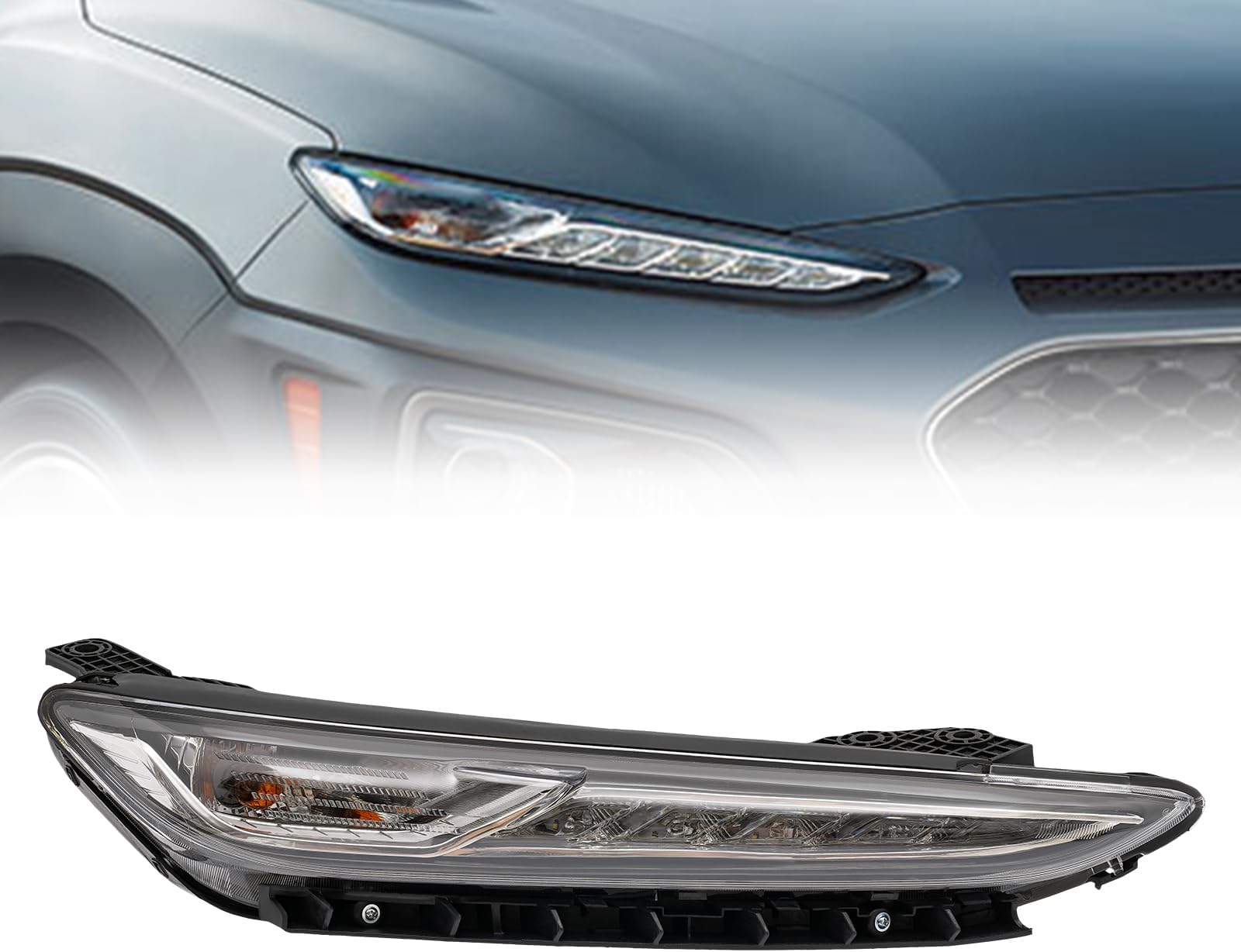 LED DRL Headlight Lamps for 2018 2019 2020 2021 Hyundai Kona, Black Housing Headlamps Direct Replacement (Right Passenger Side)