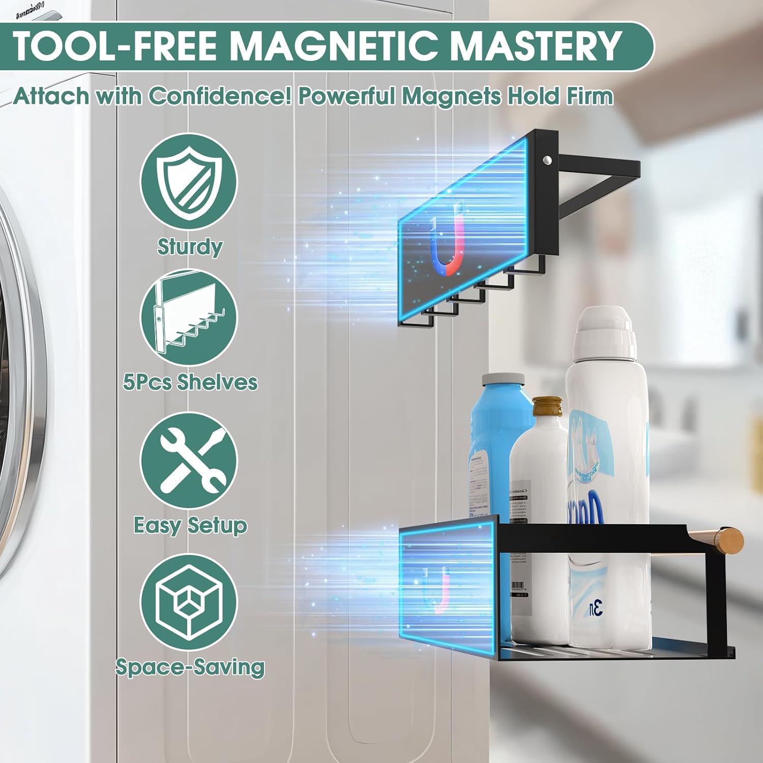 POLRAI 4 Pack Magnetic Shelves for Washing Machine Magnetic Shelf for Fridge Powerful Magnetic Shelves with Double Sided Tape for Laundry Room Kitchen Bathroom Organization