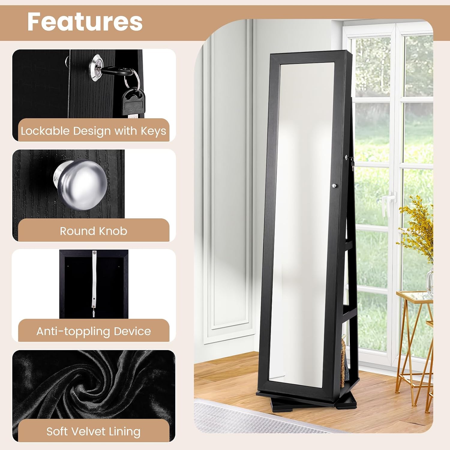 GOFLAME 360° Rotating Jewelry Armoire, Lockable Jewelry Cabinet with Full-Length Mirror & Inner Makeup Mirror, Standing Jewelry Storage Organizer with Rear Storage Shelves, Black