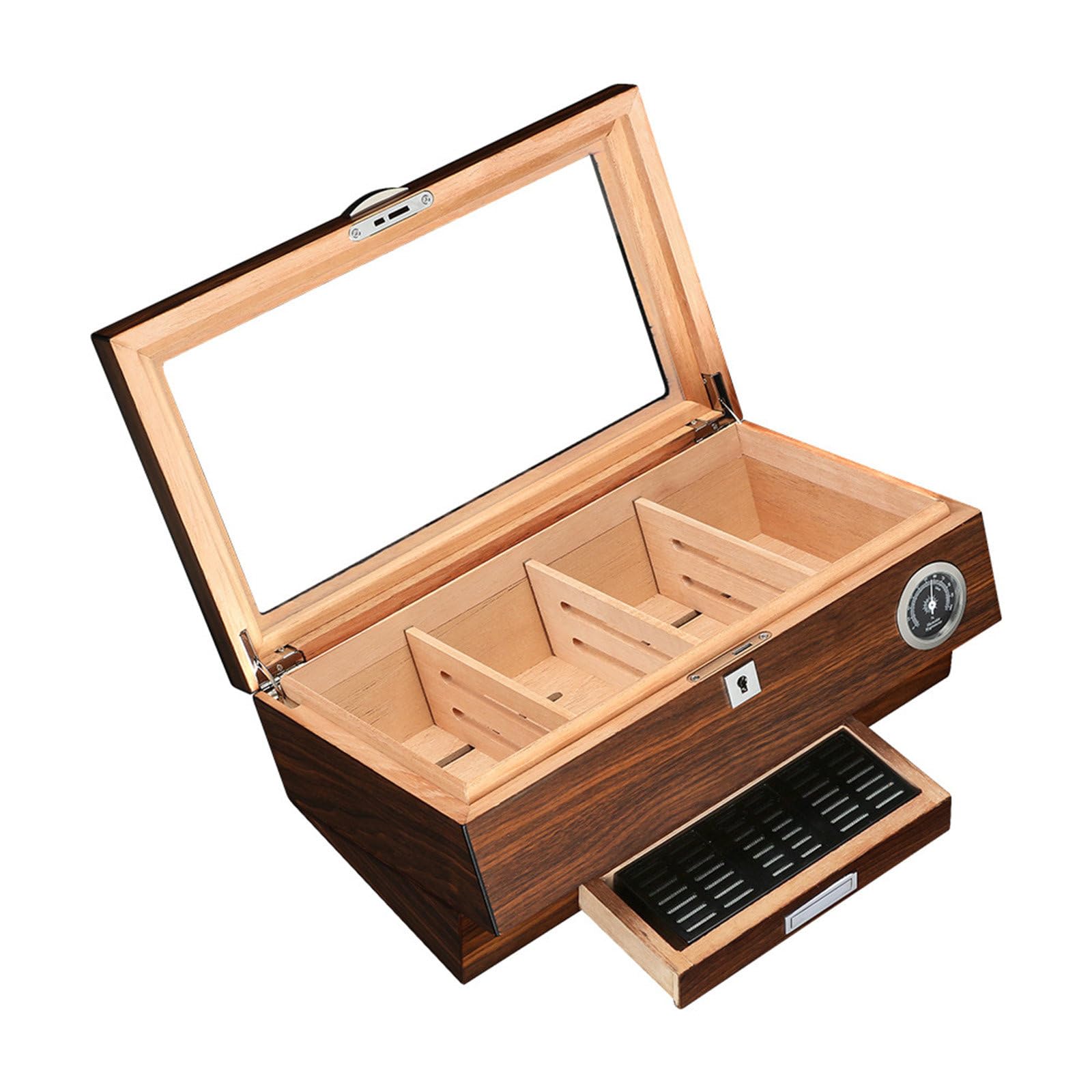 RIDAEX Log Holzmaserung Zigarren-Humidor, Glas-Display, transparentes Zigarettenetui, tragbar, mit Schlüsselschloss, 50 Stück Zigarrenetui