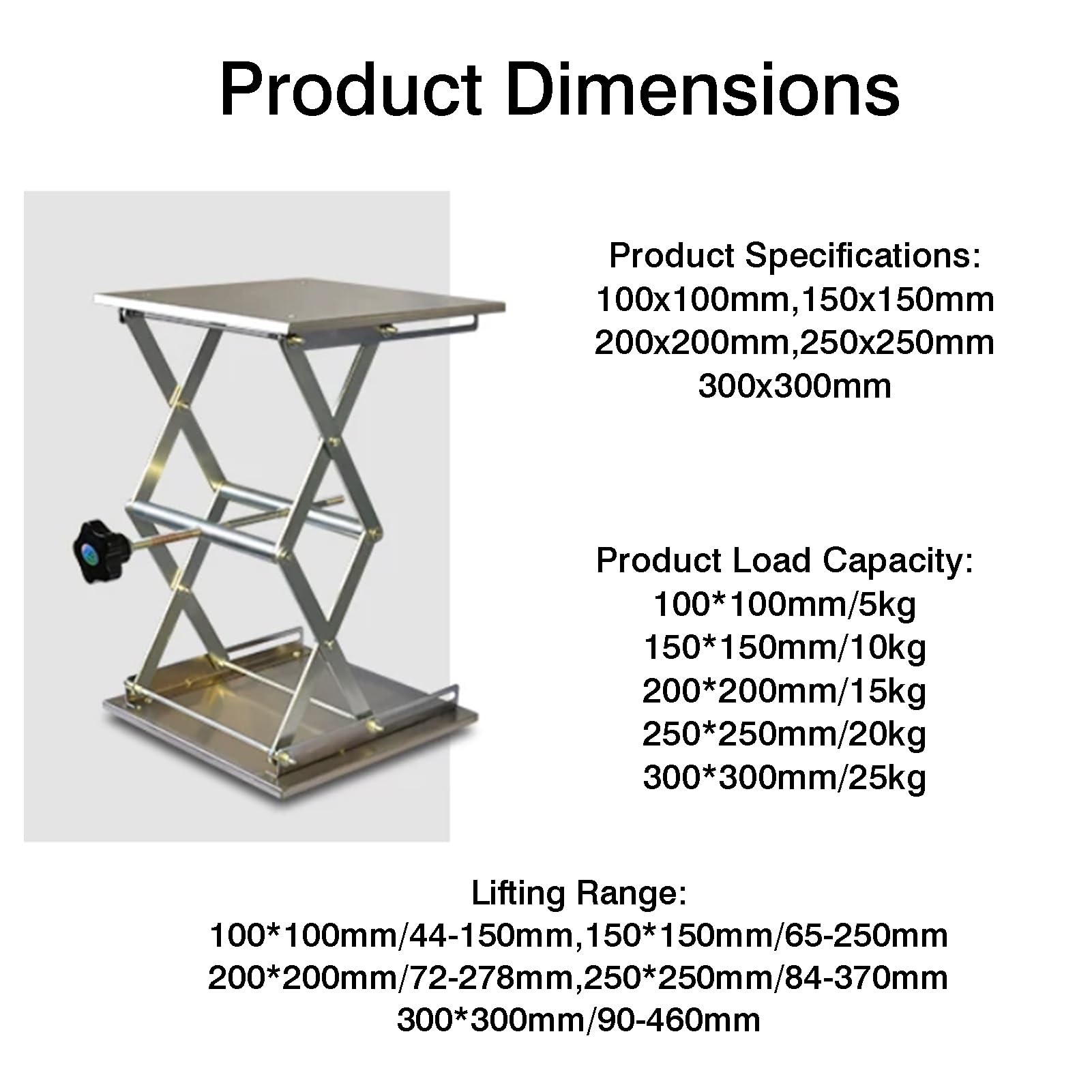 Mesa Elevadora Manual De Laboratorio, Soporte Plataforma Gato Acero | Con tapete antideslizante y mango giratorio, rango de altura ajustable 44-460 mm, capacidad de carga 5-25 kg(150x150mm)