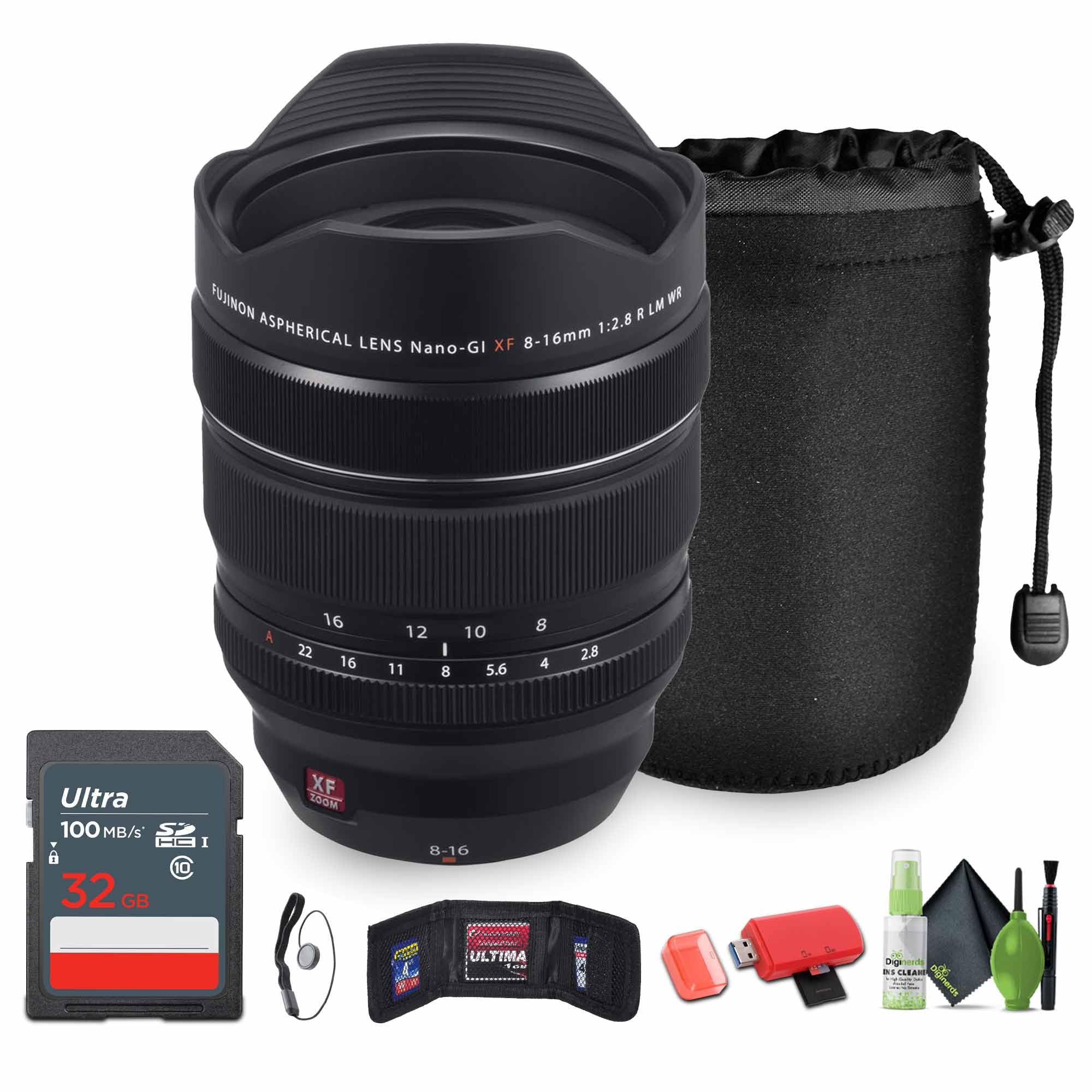 Fujifilm XF 8-16mm f/2.8 R LM WR Lens Bundle with Lens Pouch + 32GB Memory Card + Memory Card Wallet + USB Card Reader, SD/microSD