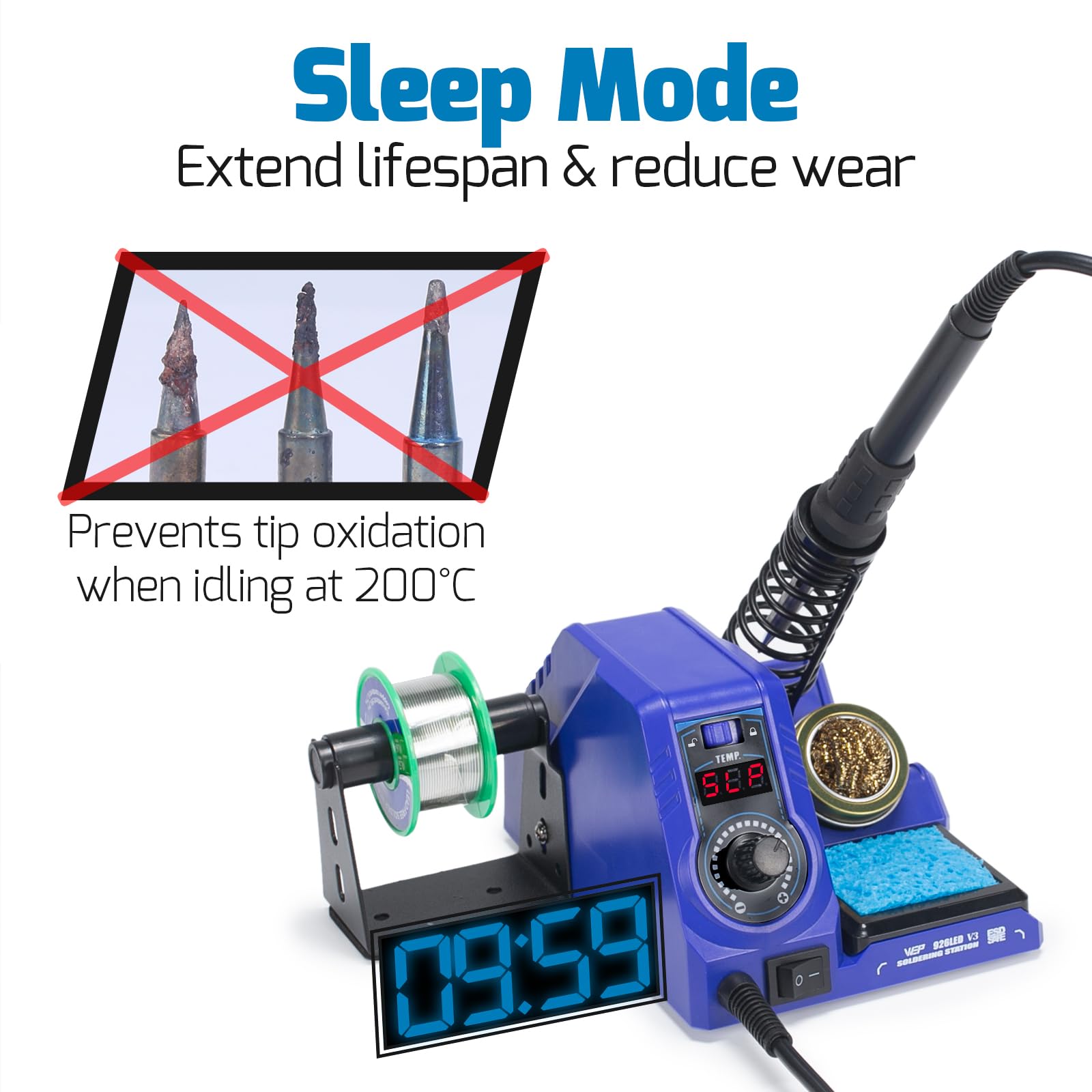 WEP 926LED V3 Blu Stazione Saldante 130W MAX Kit Saldatore a Stagno con Filo di Saldatura, 5 Punte, Pinzette, Pompa Dissaldante, Pulitore di Punta, Controllo della Temperatura e Modalità Sleep(EU)