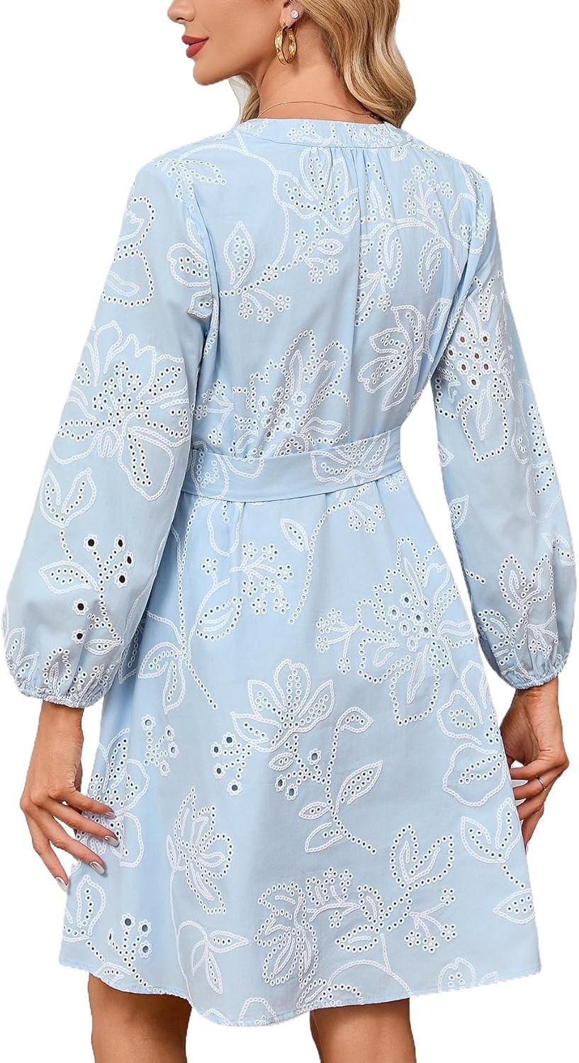 Boho Mini Dress for Women 3/4 Sleeve Eyelet Lace Hollow Out Tunic Dress V Neck A Line Short Dresses with Pockets - Image 2