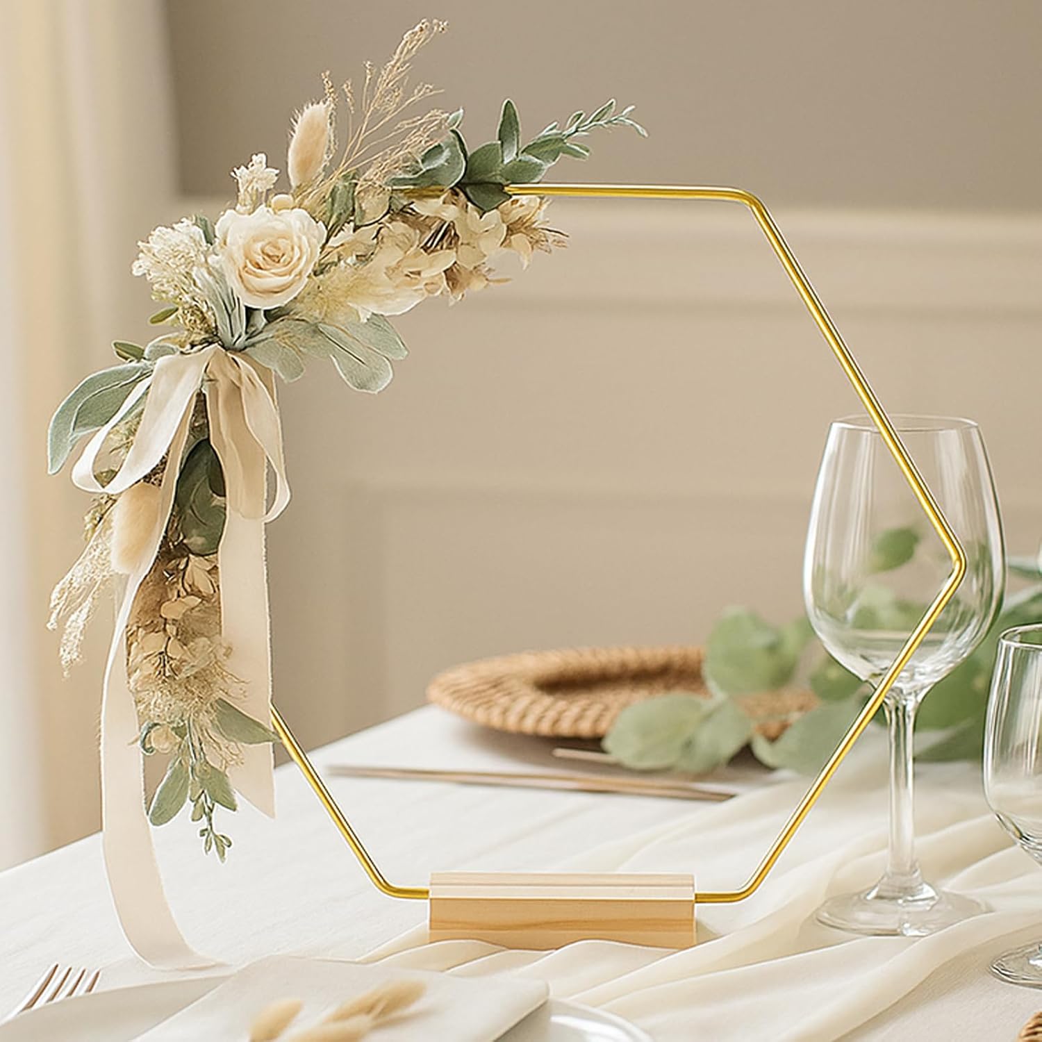 12 Pack Hexagonal Floral Hoops with Stand 16 Inch Metal Rings for DIY Centerpiece Table Decorations Crafts Macrame Ring Hoops Dream Catcher Rings Wedding Birthday Wreath Craft Hoops with Holder, Gold