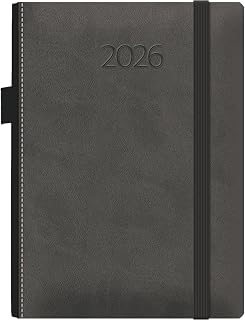 Dohe - Agenda 2026 - Tagesansicht, A5 (15x21 cm), Weiches Hardcover aus Kunstleder, Gummibandverschluss, Seitliches Stiftefach, Lesezeichen, Jahresplaner auf Spanisch - Melbourne Grau