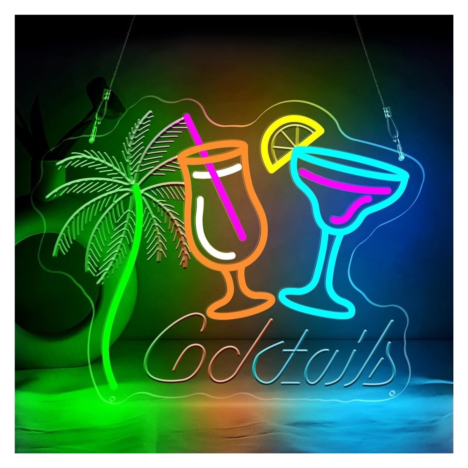 Aextroi neon Lights Sign Cocktails Plam Tree Neon Sign for Beach Bar Pub Beverage Shop Wine Alcohol Man Cave Party Decor(35x32.8cm)