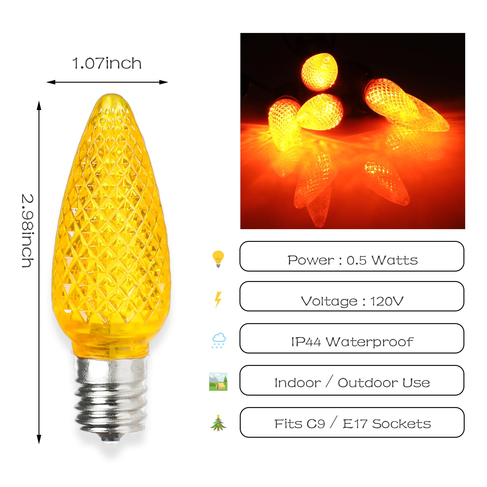 50 bombillas LED C9 de Navidad, bombillas LED C9 con casquillo E17, bombillas de repuesto para cadena de luces al aire libre, color amarillo de grado comercial