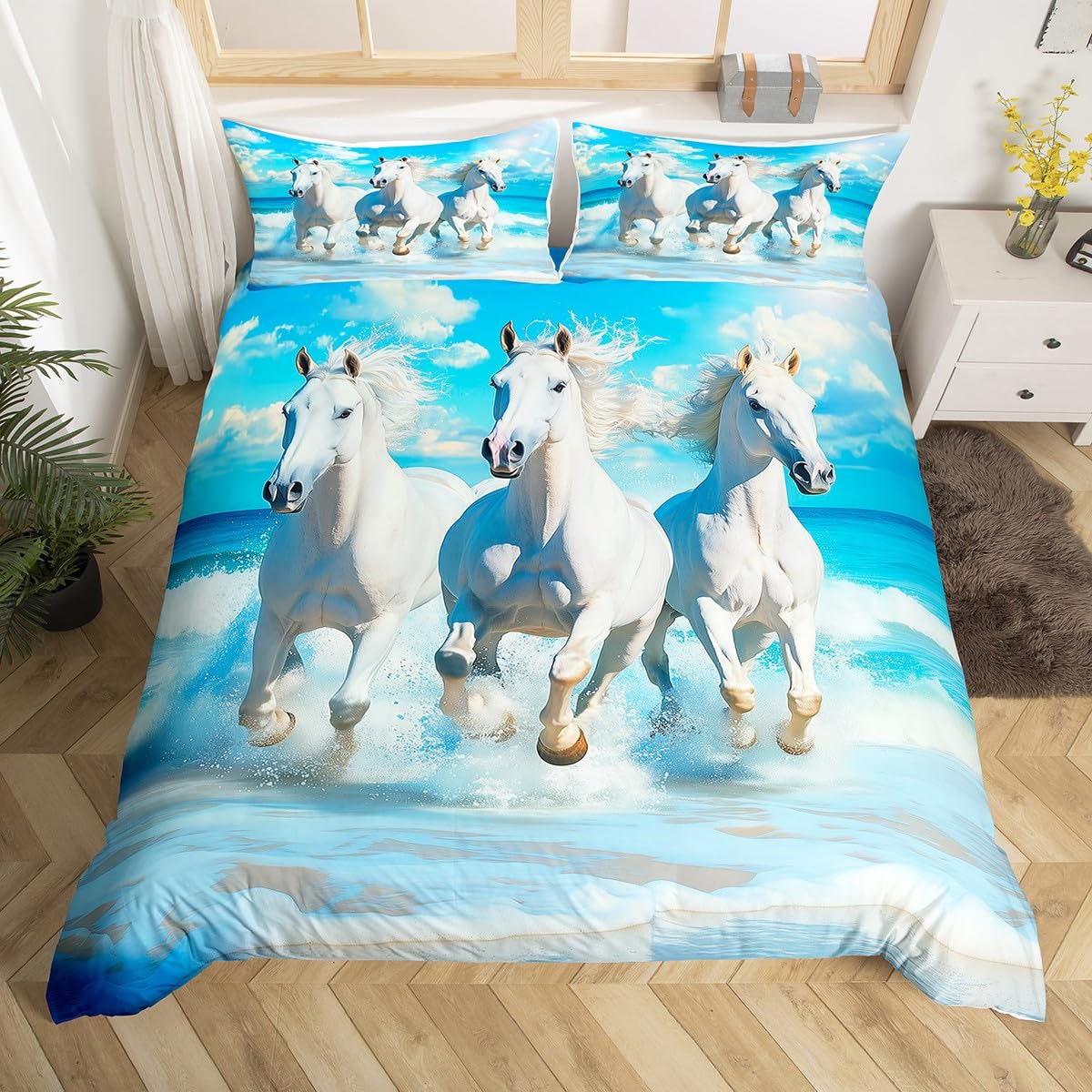 Horse Duvet Cover Toddler Size for Kids Boys Teens,Seaside Galloping Horse 2 Pieces Duvet Cover,Watercolor Blue Ocean Animal Soft Comforter Cover (Not Comforter),Elegant White Horses Quilt Cover