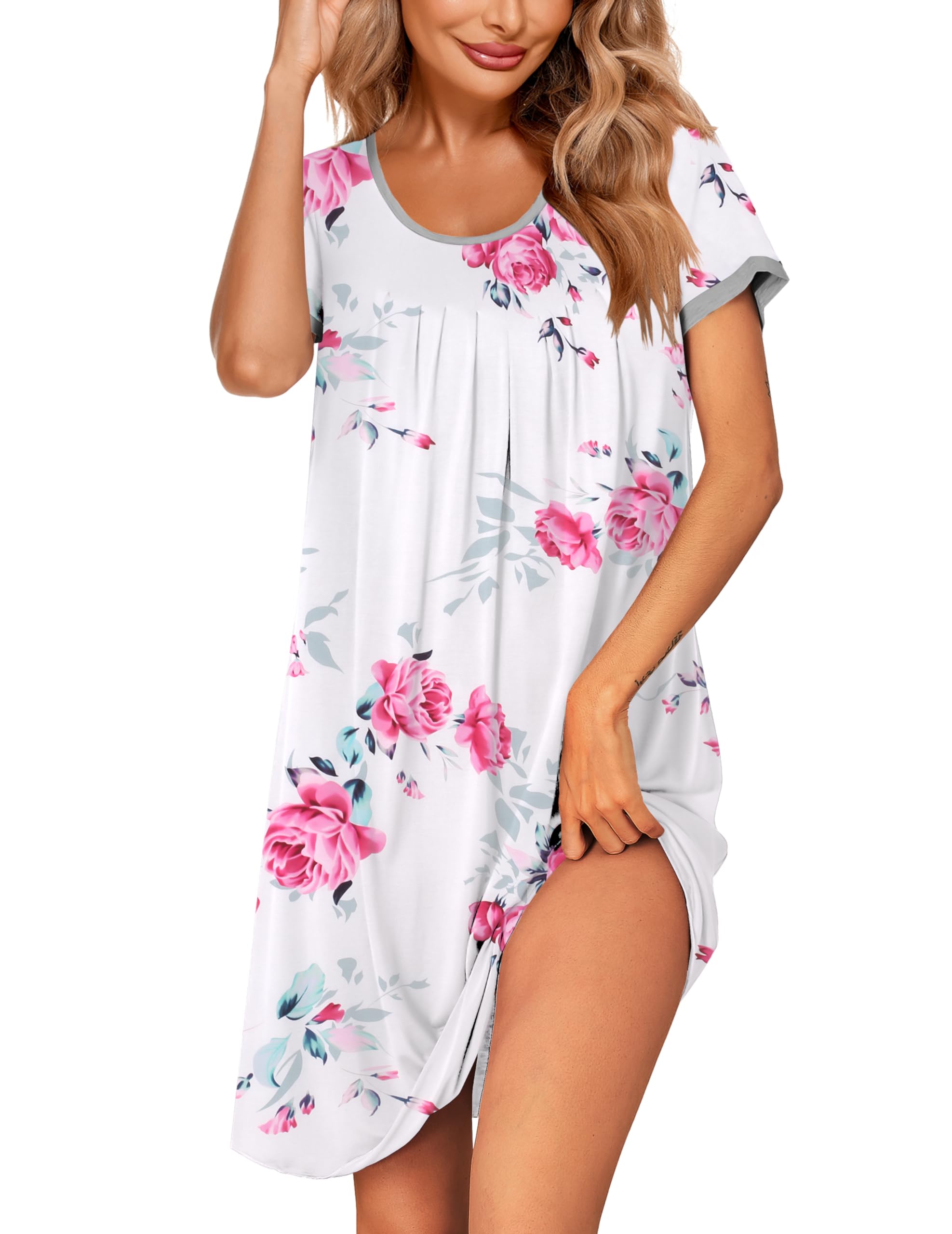 Ekouaer Womens Nightgown Short Sleeve Sleepwear Soft Pleated Sleepshirt | Women Scoopneck Nightshirt, Loose Night Gown, Year-Round Sleep Dress, Maternity Labor Gown, Outdoor Loungewear