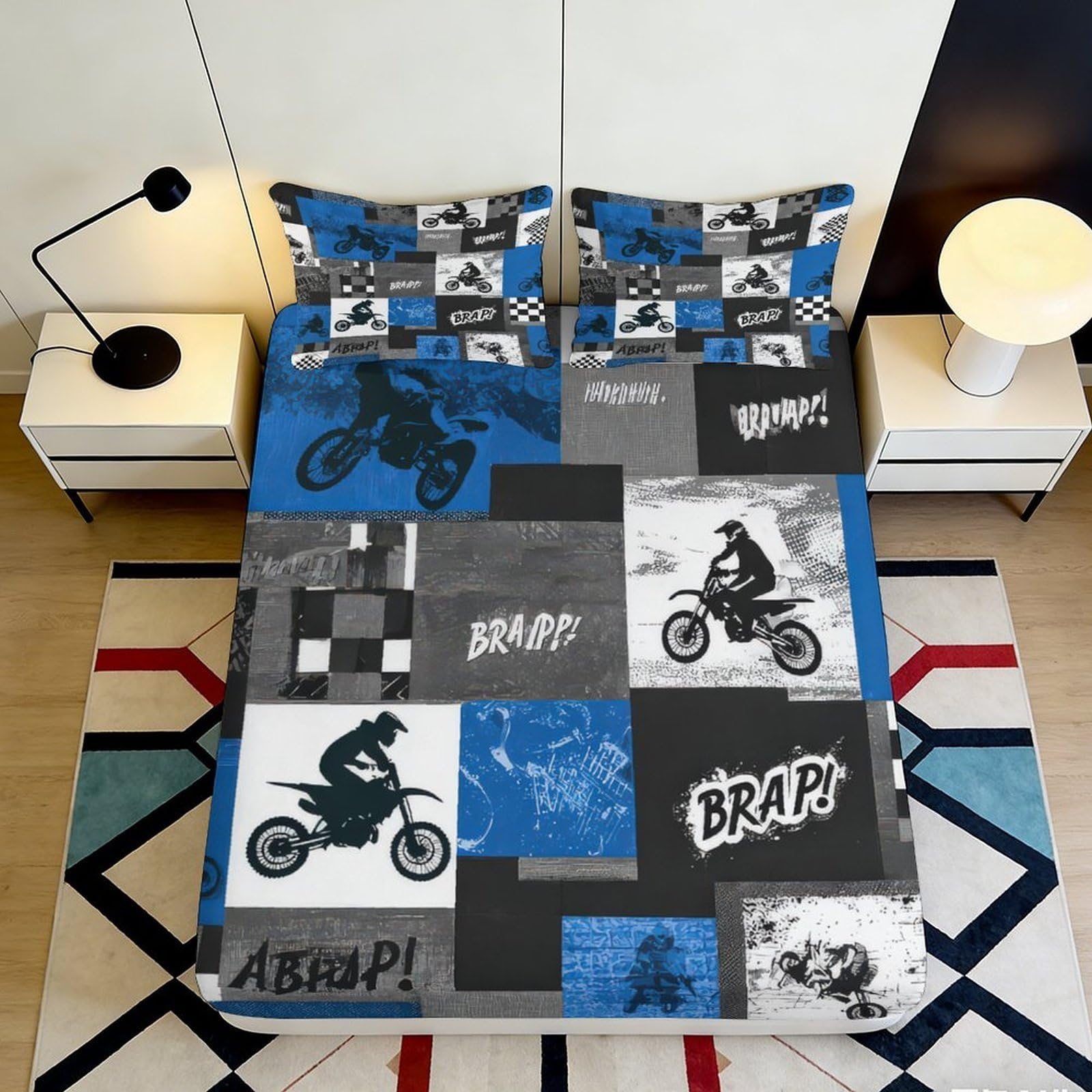 3D Printed Motocross Blue Patchwork Fitted Sheet Microfiber Soft Durable Dirt Bike Bed Cover for Bedroom Dorm 160x200x25cm