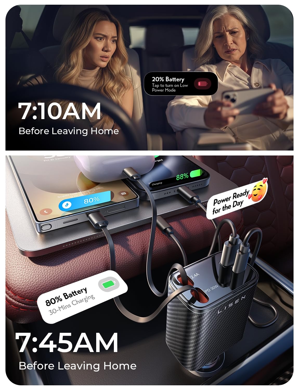 LISEN Retractable Car Charger, 84W Car Charger USB C Fast Charger Adapter, Car Accessories for Men Women, Gifts for Fathers Day for Men Dad Husband, for iPhone 17 16 15 14 13 12 Pro Max, Carbon-Black view 5