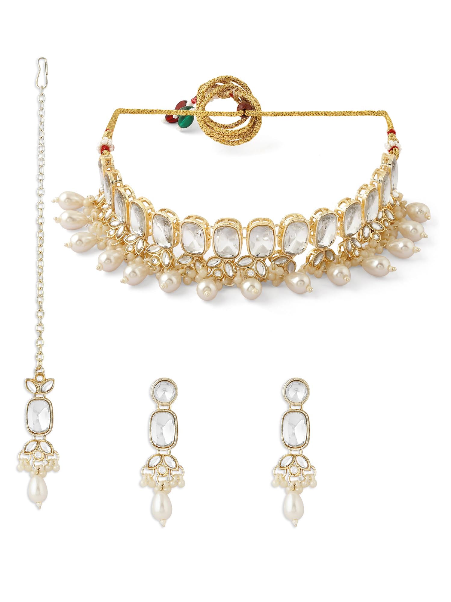 ZAVERI PEARLS Gold Tone Dazzling Stones Beads Choker Necklace Earring Maangtikka Set For Women-ZPFK17116 (B0CS6R5XFH) Amazon Price History, Amazon Price Tracker