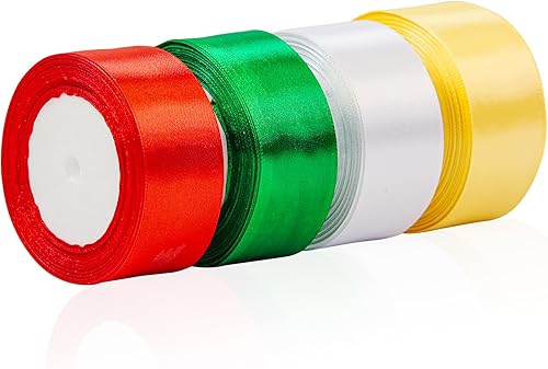 Miniatura 8 de 4 rollos de cintas de Navidad de 100 yardas, cinta de satén de poliéster de 38 pulgadas de ancho para envoltura de regalos, Navidad, decoración de