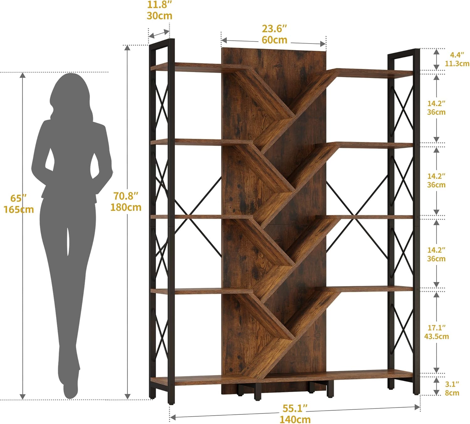 DWVO Industrial Tree Bookshelf, Large 5 Tier Bookcase Tall Standing Book Shelves Organizer Display Rack for Living Room Home Office, Rustic Brown