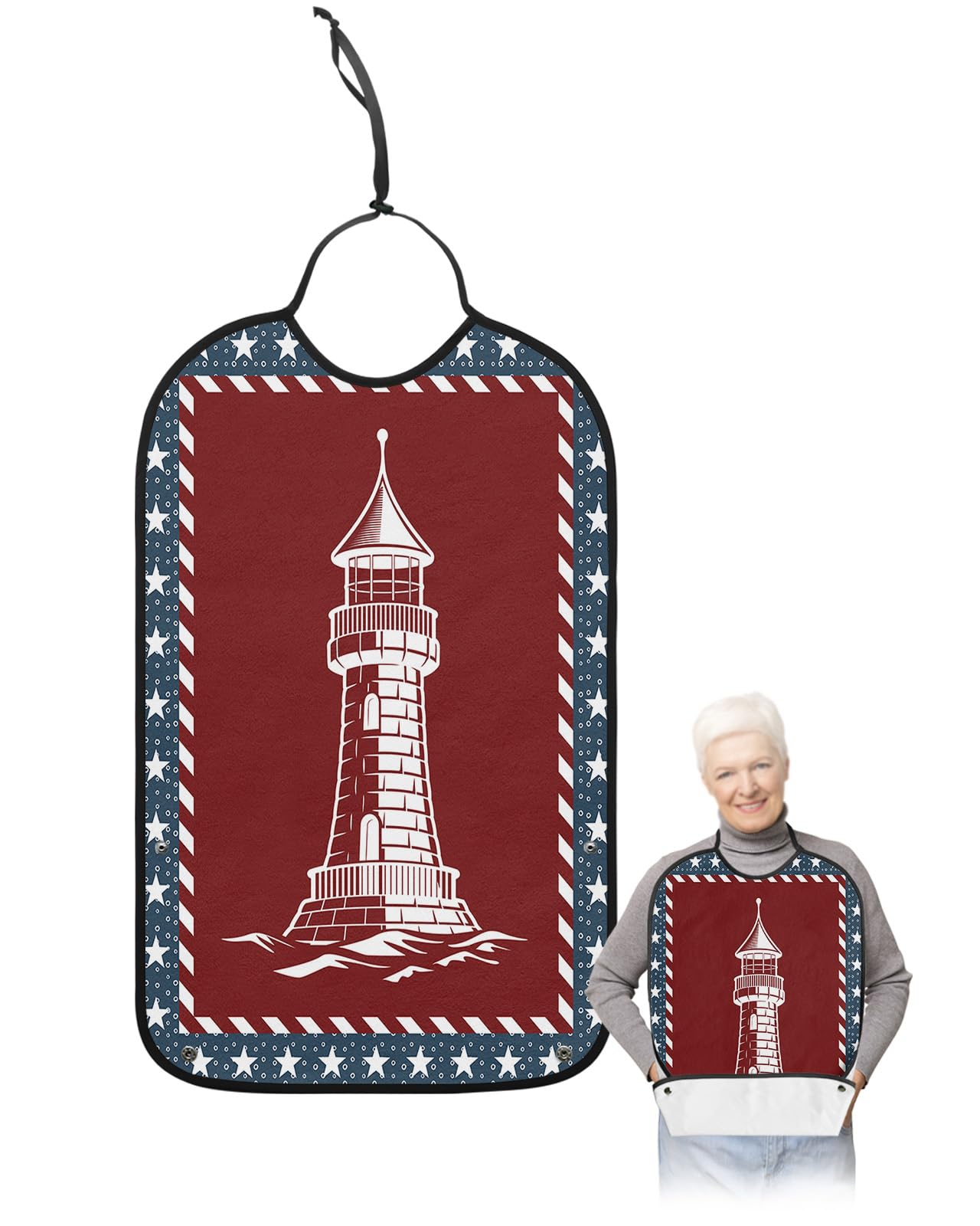 4th of July Adult Bibs for Eating, Waterproof Bibs with Food Catcher & Adjustable Snap Closure, Independence Day Ameican Flag Lighthouse Washable Clothing Protectors Adult Bibs for Elderly Women/Men