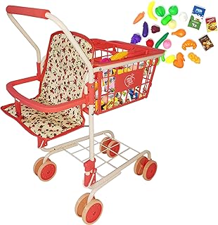 Shopping Cart for Kids, Toy Shopping Cart with Basket & 24pc Food Set Small Shopping Cart Toy, Folding Kids Shopping Cart, Toddler Shopping Cart, (Floral)