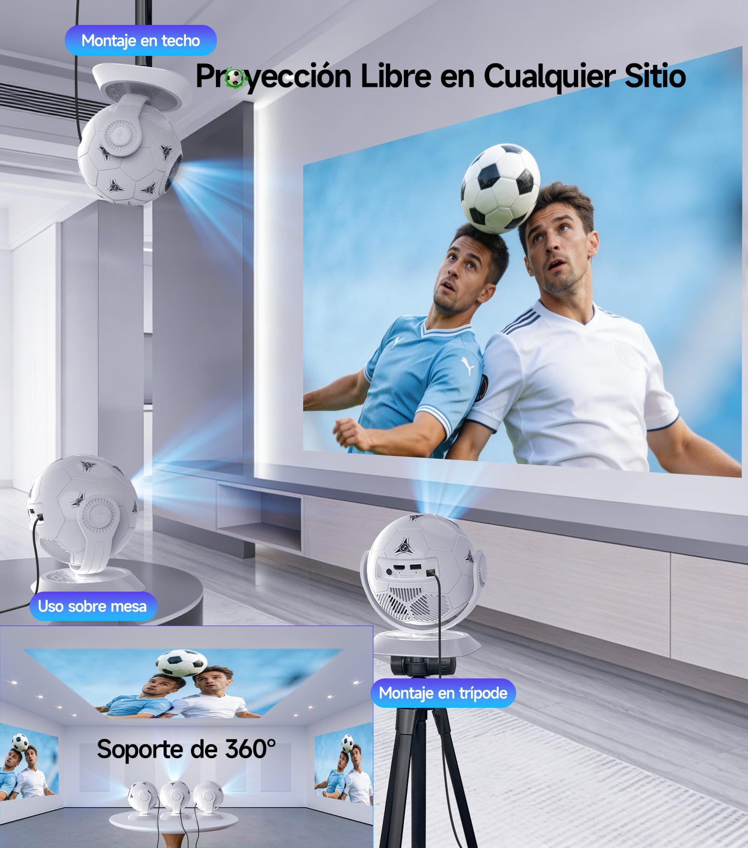 Magcubic Mini Proyector Portátil 4K 1080P Support, Diseño Fútbol 360° – Proyector Móvil Cine en Casa WiFi 6 Bluetooth 5.4, Auto Keystone, Tiro Corto, Altavoz 15W para Smart TV, Android 14 HY300F