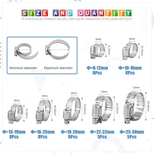 Miniatura 2 de Glarks Kit surtido de abrazaderas de manguera de engranaje helicoidal ajustable de 50 piezas de 0.315-1.496 in de rango de acero inoxidable
