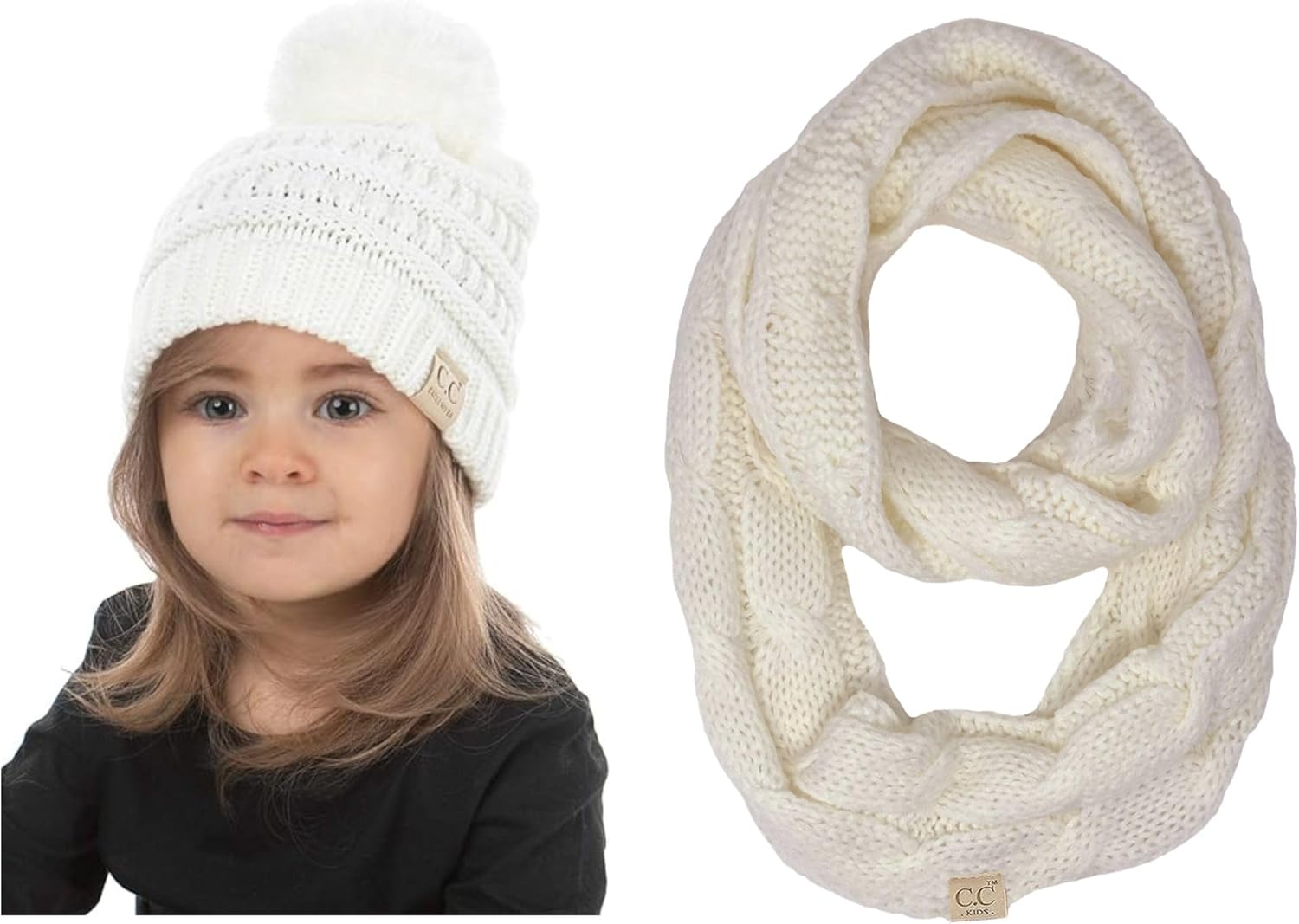 Funky Junque Matching 2 Pack Kids POM Beanie Hat & Infinity Scarf- String Pom - Ivory