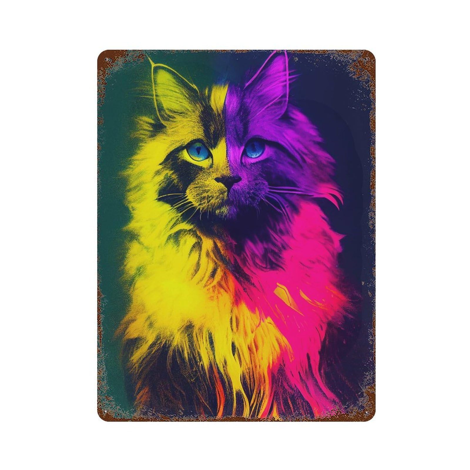 Colorful Maine Coon Cat 15.7"x11.8" Distressed Metal Wall Sign, Retro Wall Decor for Garage, Bar And Workshop Decor