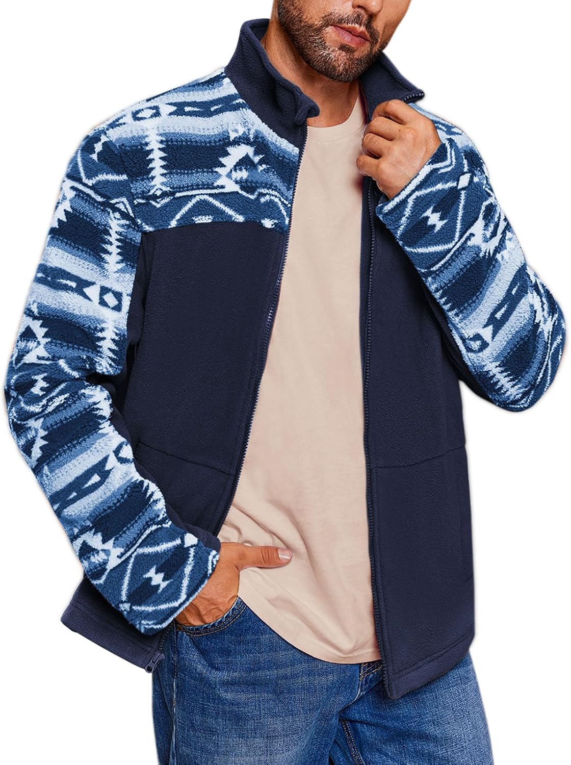 Beotyshow Mens Soft Polar Fleece Jacket Zip Up Printed Coat Casual Tribal Aztec Midweight Winter Outfits
