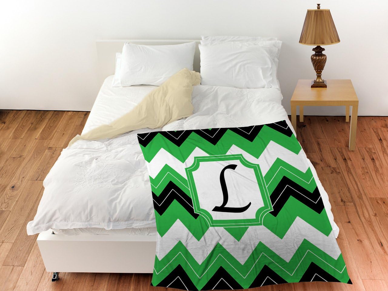 Manual Woodworkers & Weavers Coral Fleece Throw, 60 by 80-Inch, Monogrammed Letter L, Black Chevron