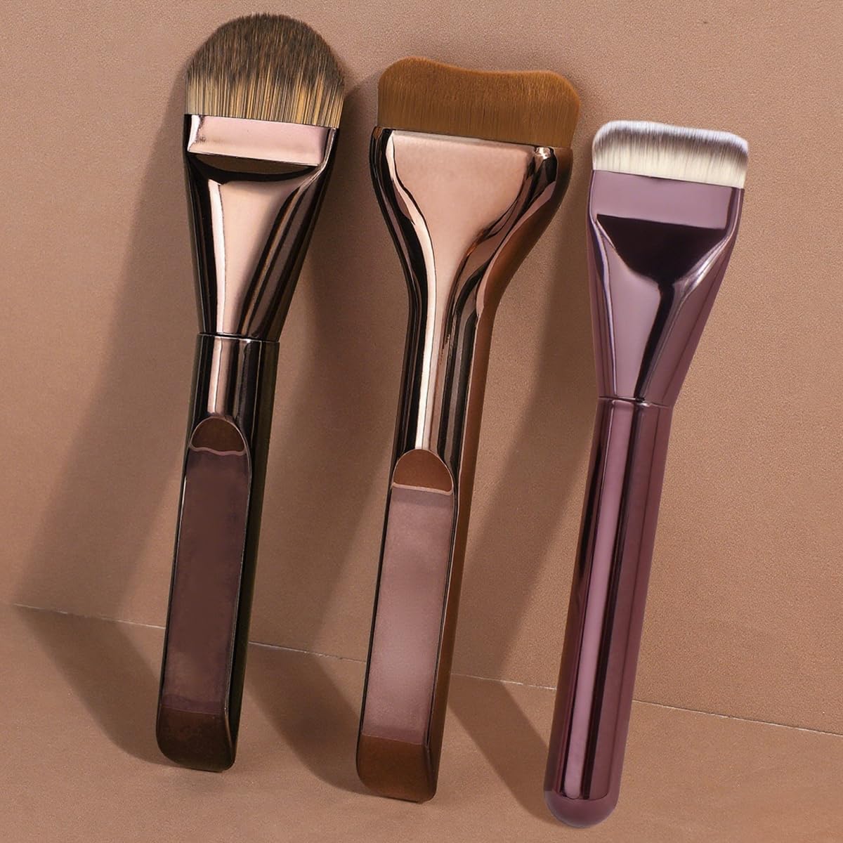 3PCS Foundation Brush Set, Flat, Tongue & Crescent Shape Makeup Brushes for Liquid, Powder, Cream – Soft Bristles, Wide Ultra-Thin Head for Flawless Smooth Makeup Application(Coffee)