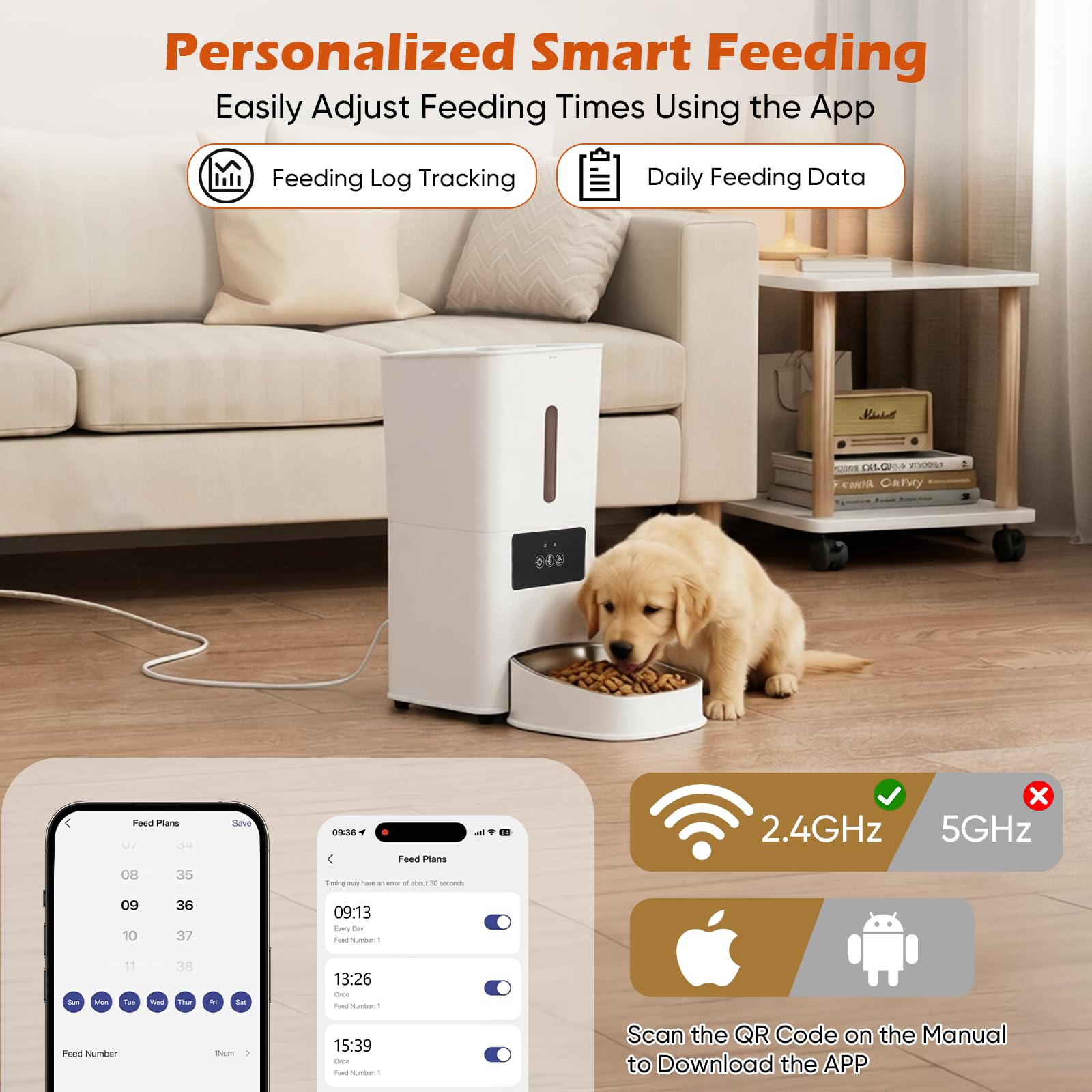 Distributeur Automatique de croquettes 8L Intelligent, Wi-FI & app, 1-10 Repas/Jour, portions 20g, minuterie, Chats & Chiens, capacité 5kg, étanche, Anti-Blocage, Voix personnalisée