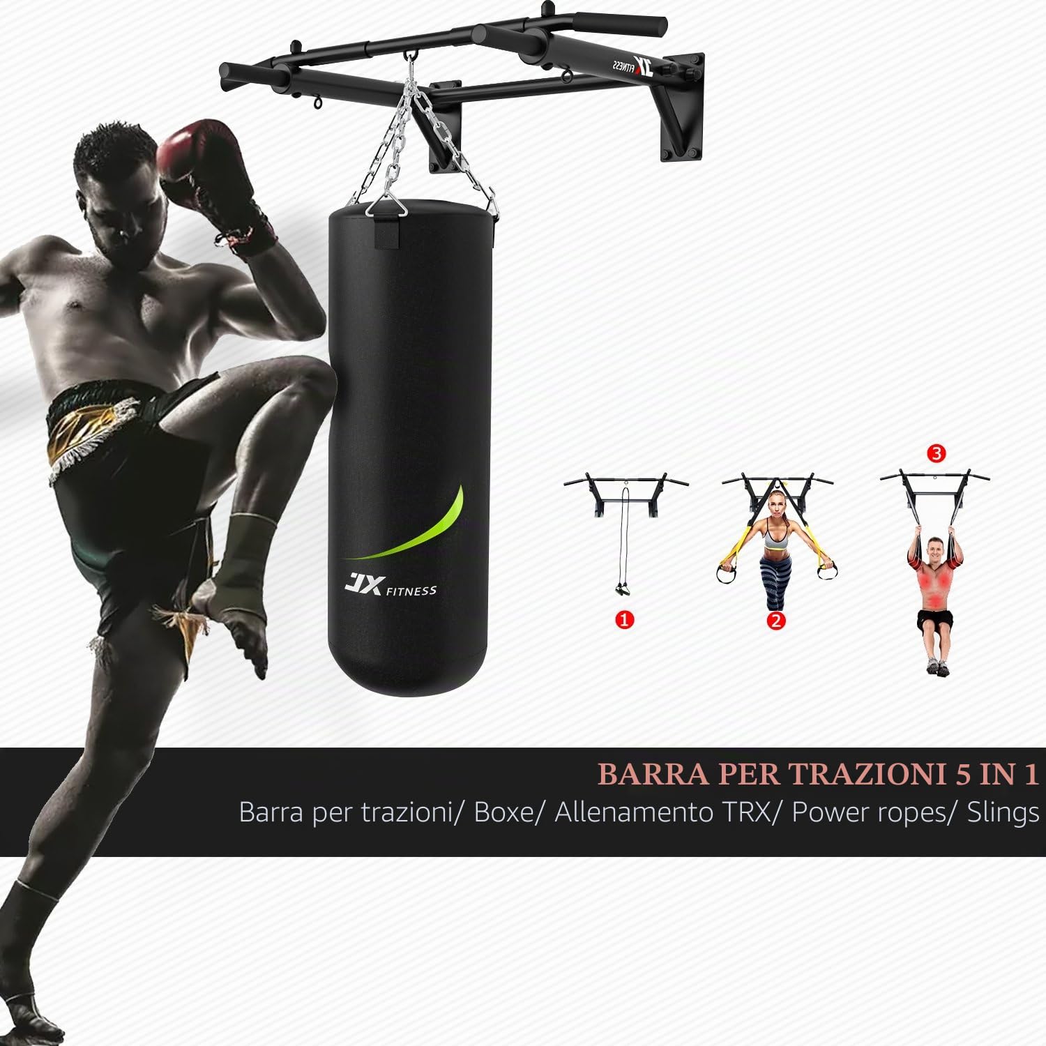JX FITNESS Barra Trazioni a Muro Multifunzione Sbarra Per Trazioni Pull Up Bar, 3 Occhielli Per TRX e Sacca da Box, Addominali Workout