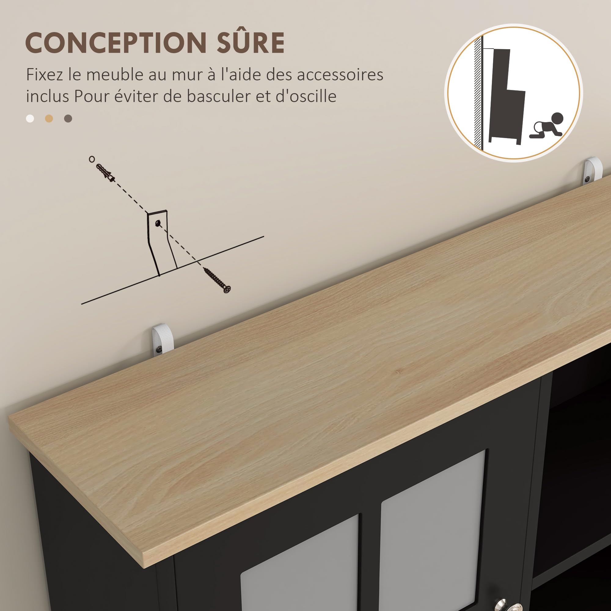 HOMCOM Buffet Cuisine, Meuble Cuisine Rangement Haut, Meuble de Rangement avec Plan de Travail, 3 Portes vitrées, 2 niches et étagères réglables, 80 x 37 x 183 cm, Noir chêne | Meuble Cuisine Rangement Haut avec Plan de Travail, 3 Portes Vitrées, 2 Niches