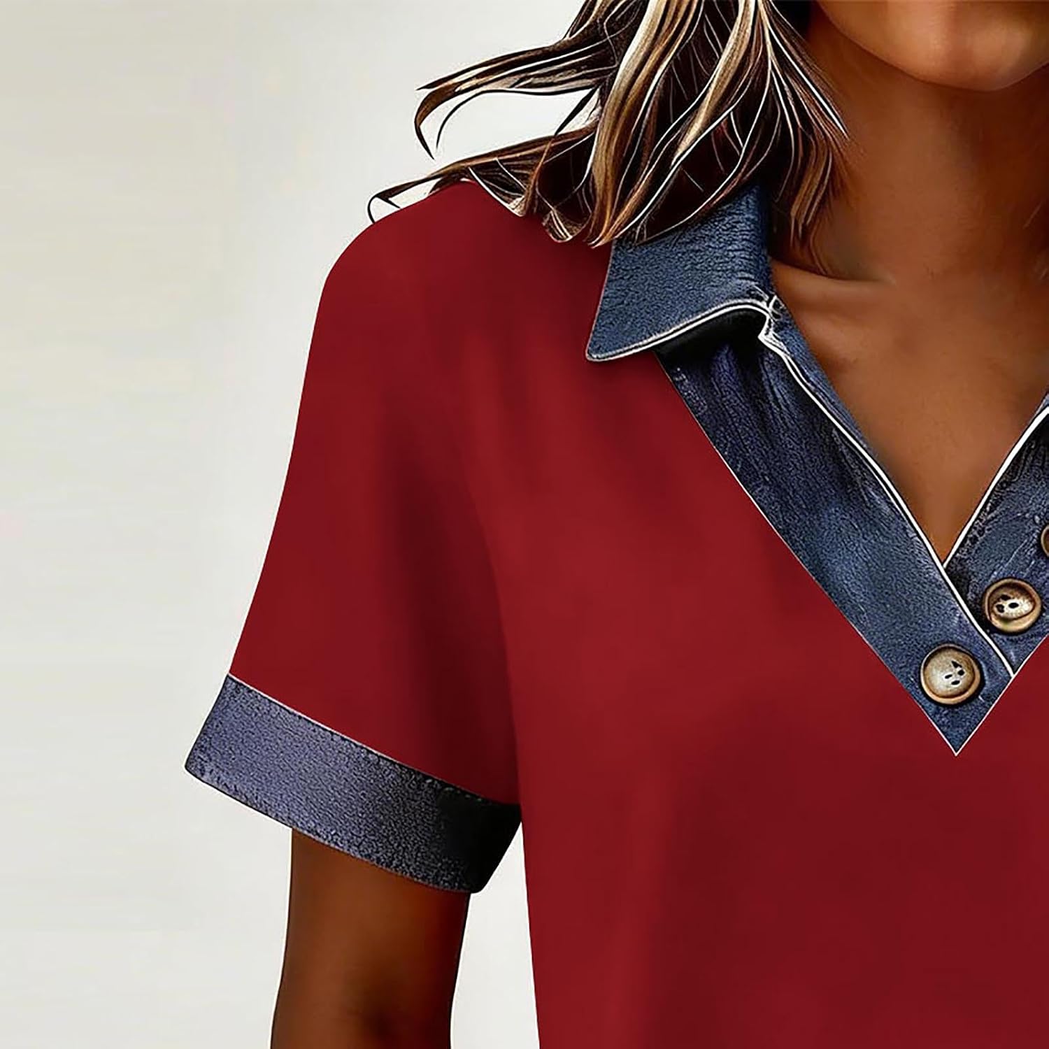 Women's Short Sleeve Shirts V Neck Denim Collared Tops Casual Office Work Blouse Loose Fit Summer Pullover