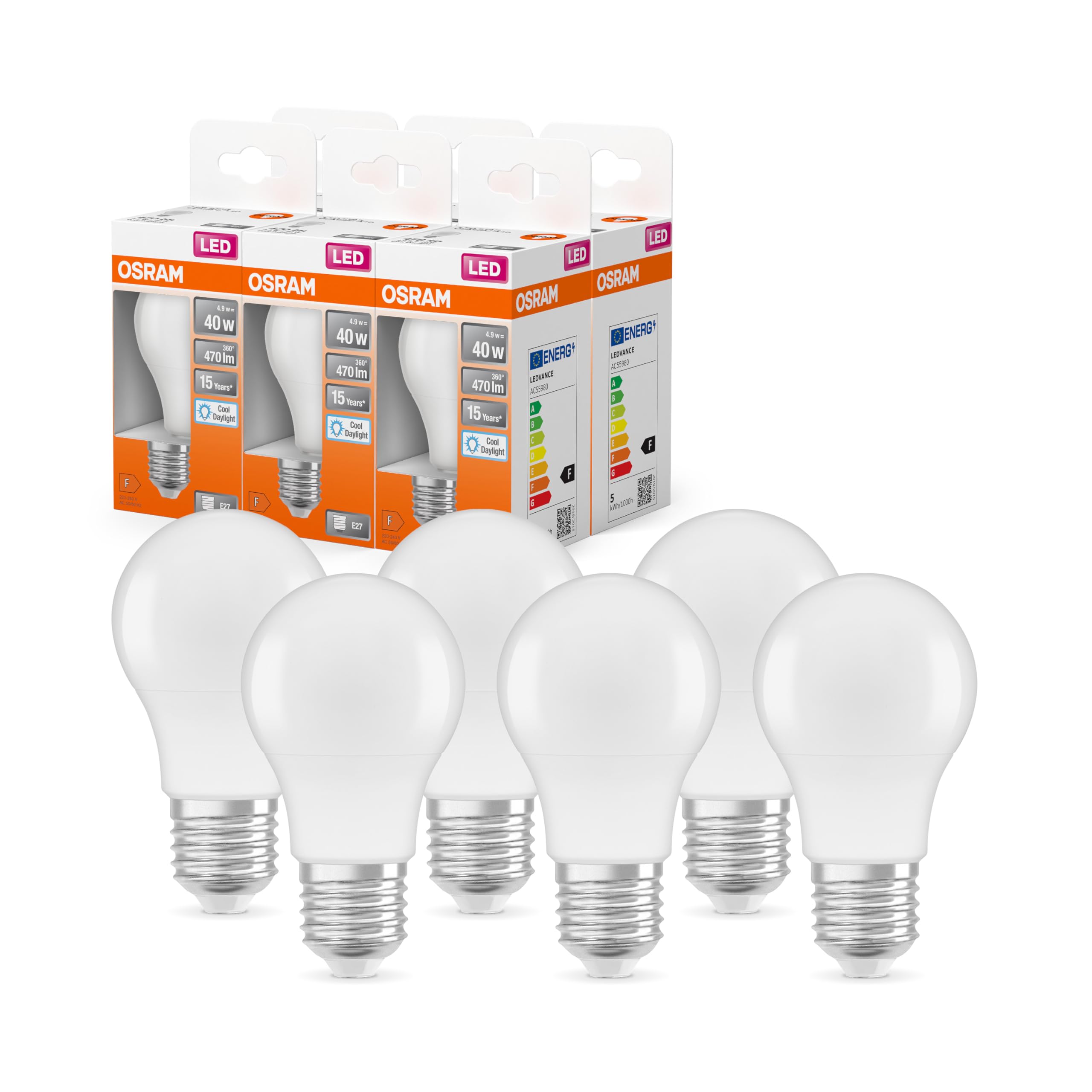 Osram Goccia Lampadine LED, 5.5 W Equivalenti 40 W, Attacco E27, Luce Fredda 6500K, Confezione da 6 Pezzi