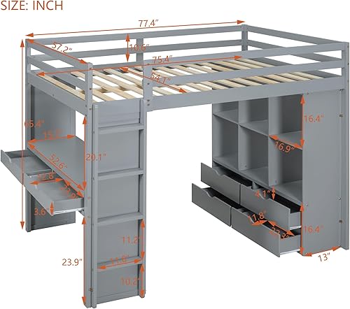Miniatura 169 de Cama tipo loft de tamaño individual con 3 estantes, 2 armarios y 2 cajones, cama alta funcional con escalera de almacenamiento, marco de cama loft