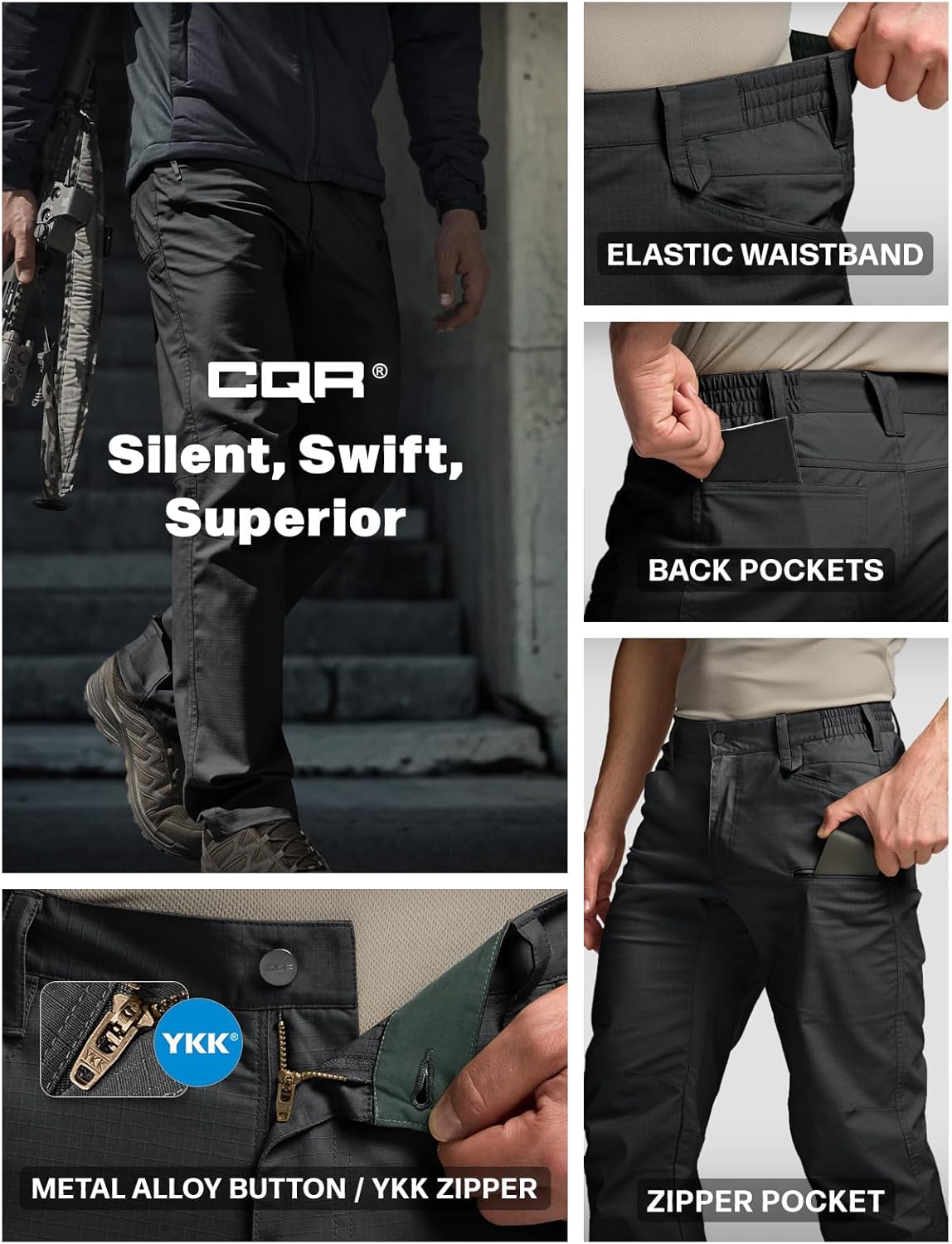 CQR Men's Flex Stretch Tactical Pants, Water Resistant Ripstop Cargo Pants, Lightweight EDC Outdoor Work Hiking Pants - Image 6