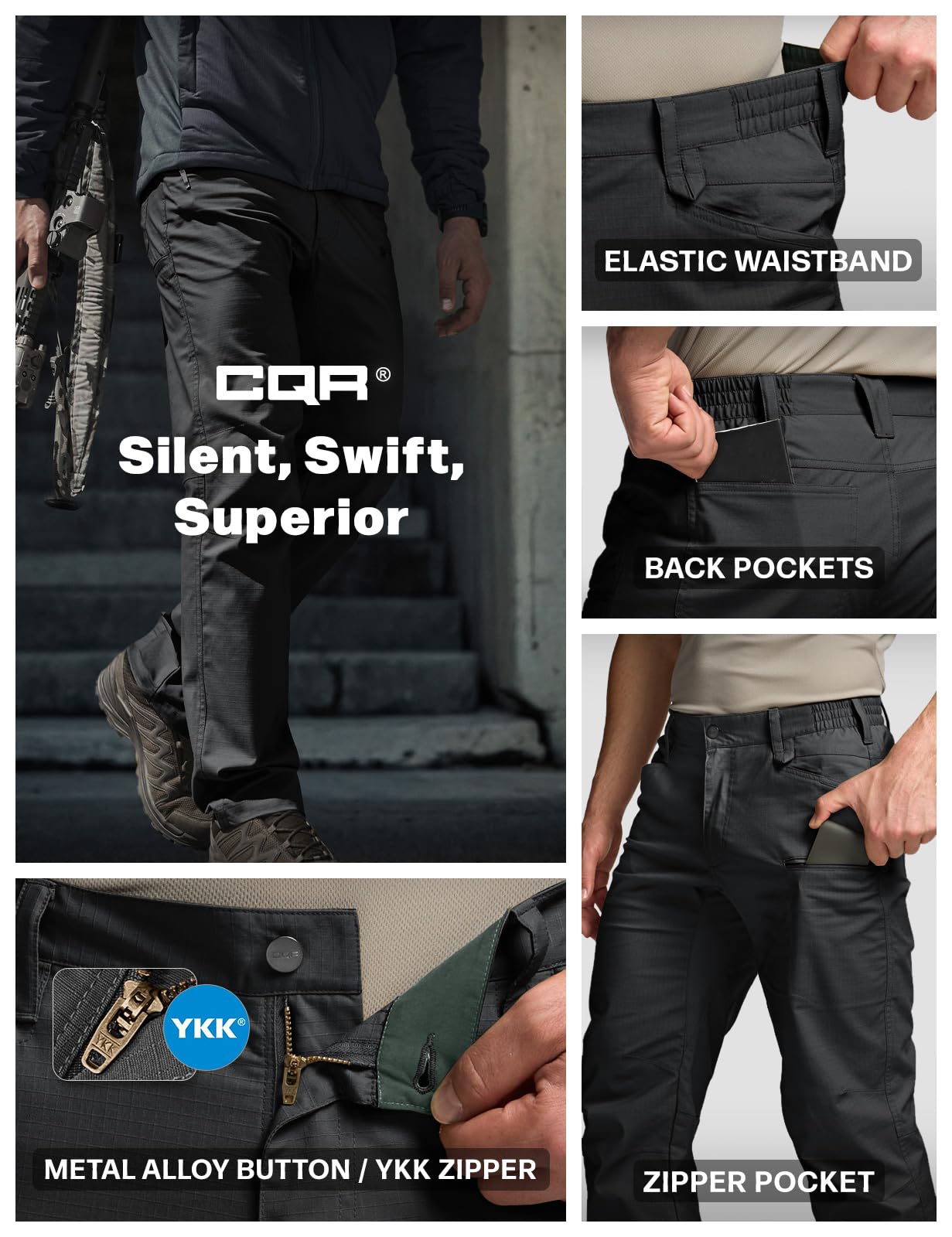 CQR Men's Flex Stretch Tactical Pants, Water Resistant Ripstop Cargo Pants, Lightweight EDC Outdoor Work Hiking Pants — view 6