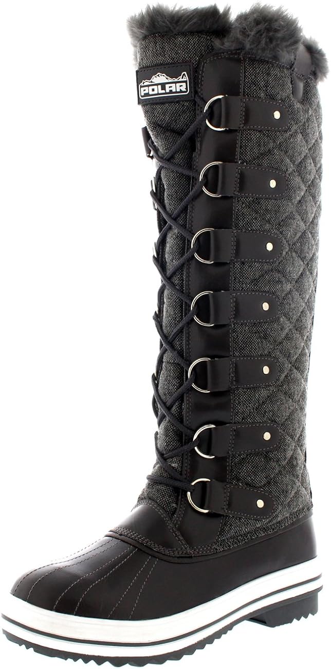 POLAR Womens Quilted Knee High Duck Rain Lace Up Muck Snow Winter Boots