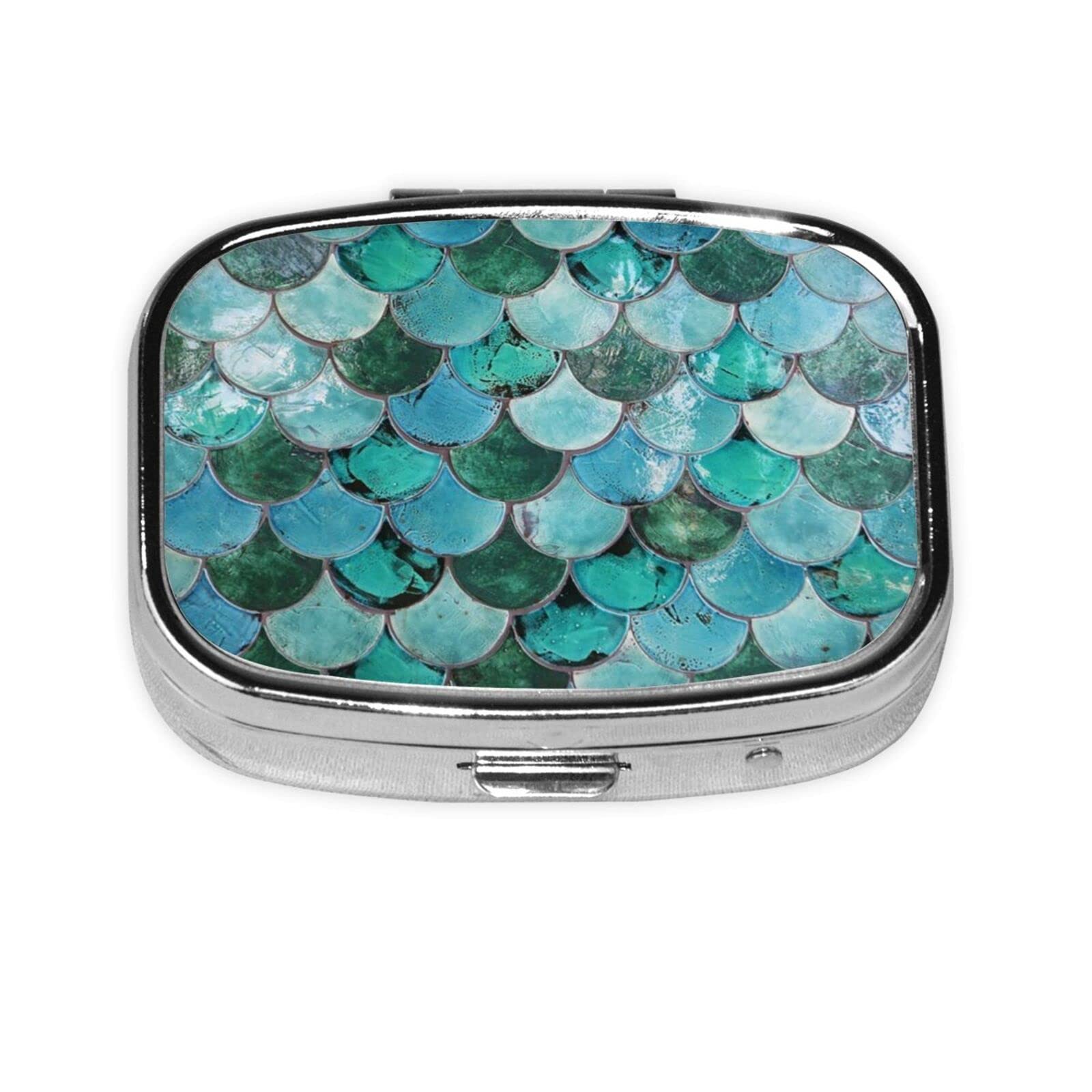 Mermaid Scale Green Pill Box for Women Men 2 Inch Square Travel Metal Pill Box for Pocket Wallets Purse Daily Portable Large Compartments Storage Pill Box Personlized Lids