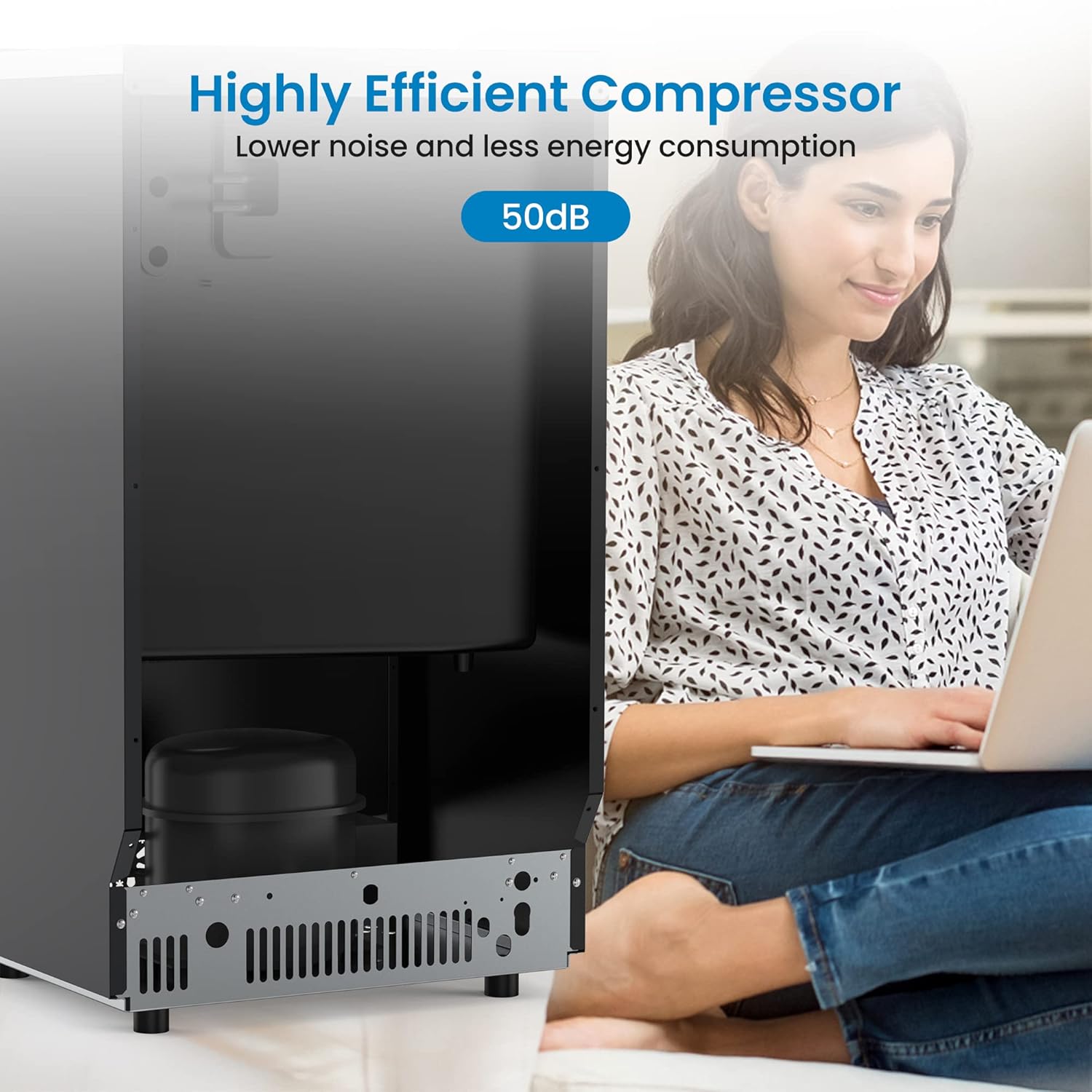 Image showing the side of the ice maker with a woman working on a laptop nearby, highlighting the low noise level of 50dB.