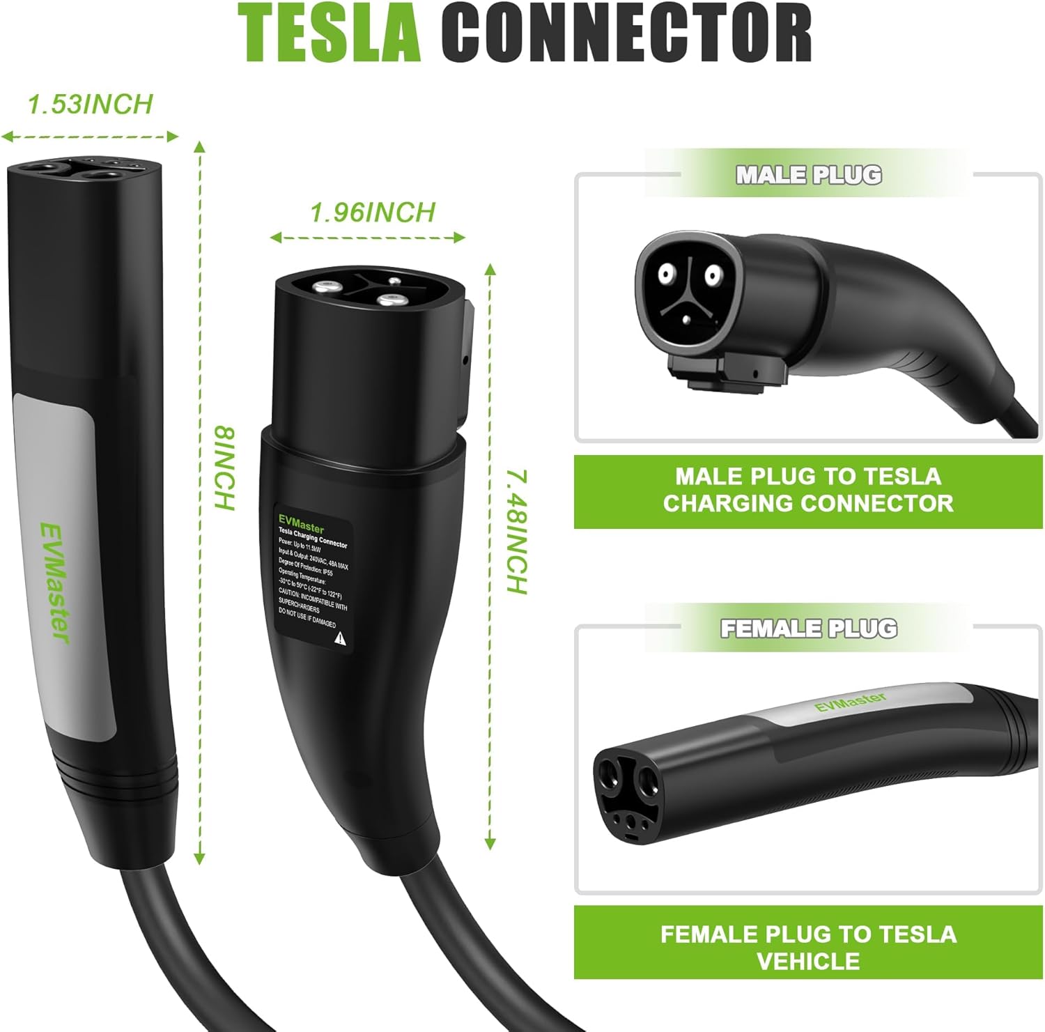 Tesla Charger Extension Cable (20ft, 48A, 240V, 11.5kW) – NACS Extension Cord for Level 1/2 Tesla Mobile Charger & Wall Connector – Compatible with Tesla Model 3/Y/S/X – Heavy Duty & Weatherp