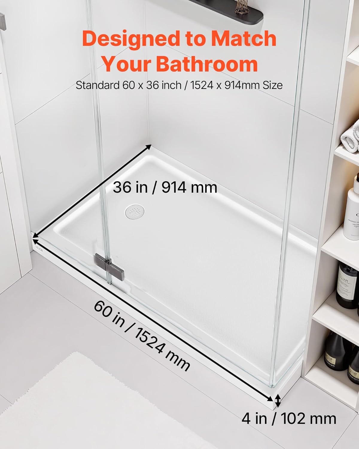 Shower Pan, 60″ L x 36″ W Single Threshold Shower Base, Rectangle Acrylic & PVC Showering Base in White, Slip-Resistant Showering Pan Bases with Drain & Cover for Bathroom, Left Drain