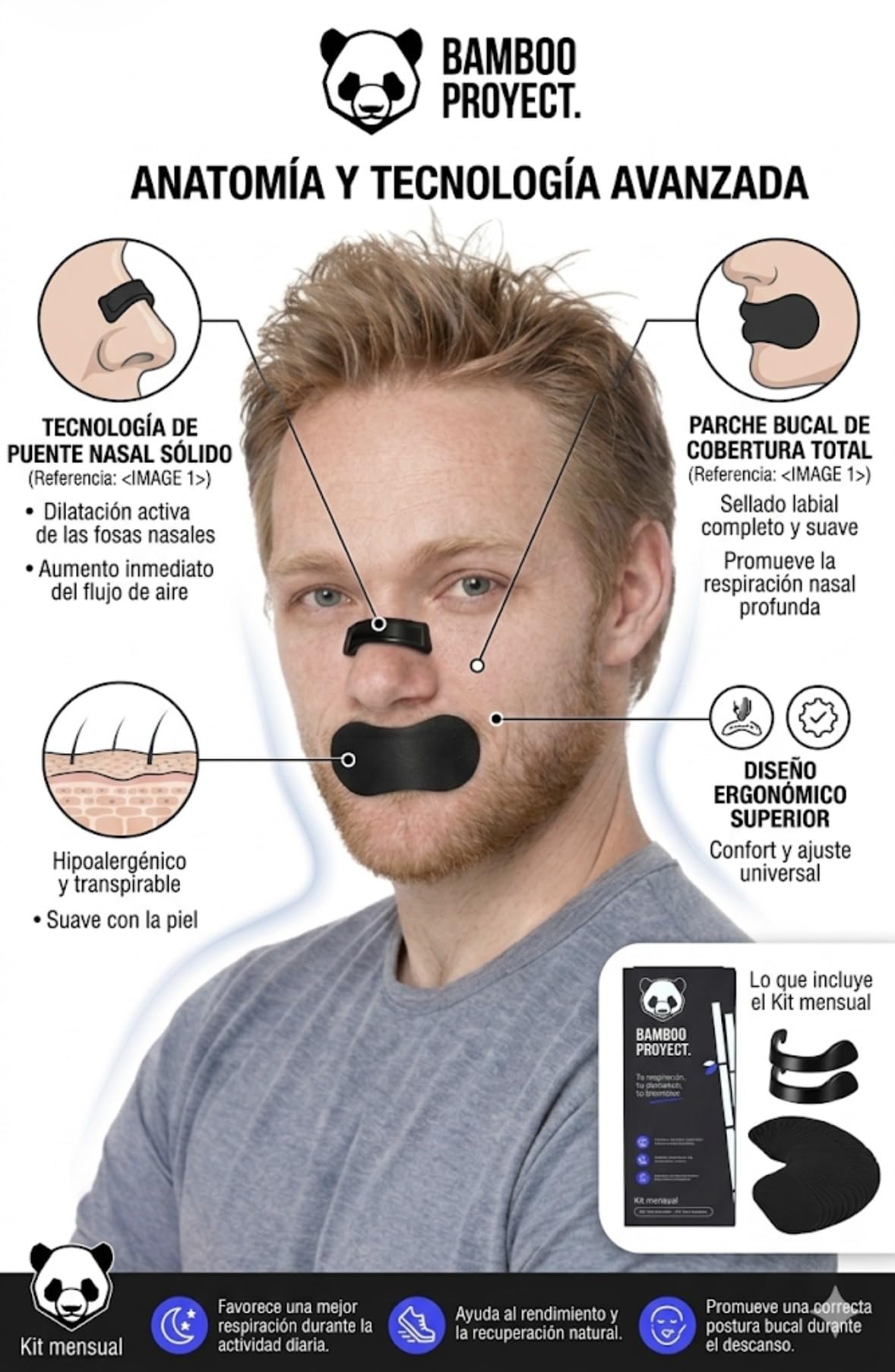 CABALLERO® Tiras Nasales Magnéticas PREMIUM + Tiras Bucales | Kit Mensual 60 parches + 30 tiras bucales | (GUIA PASO A PASO) | Para dormir y hacer deporte | Edición Bamboo Proyect