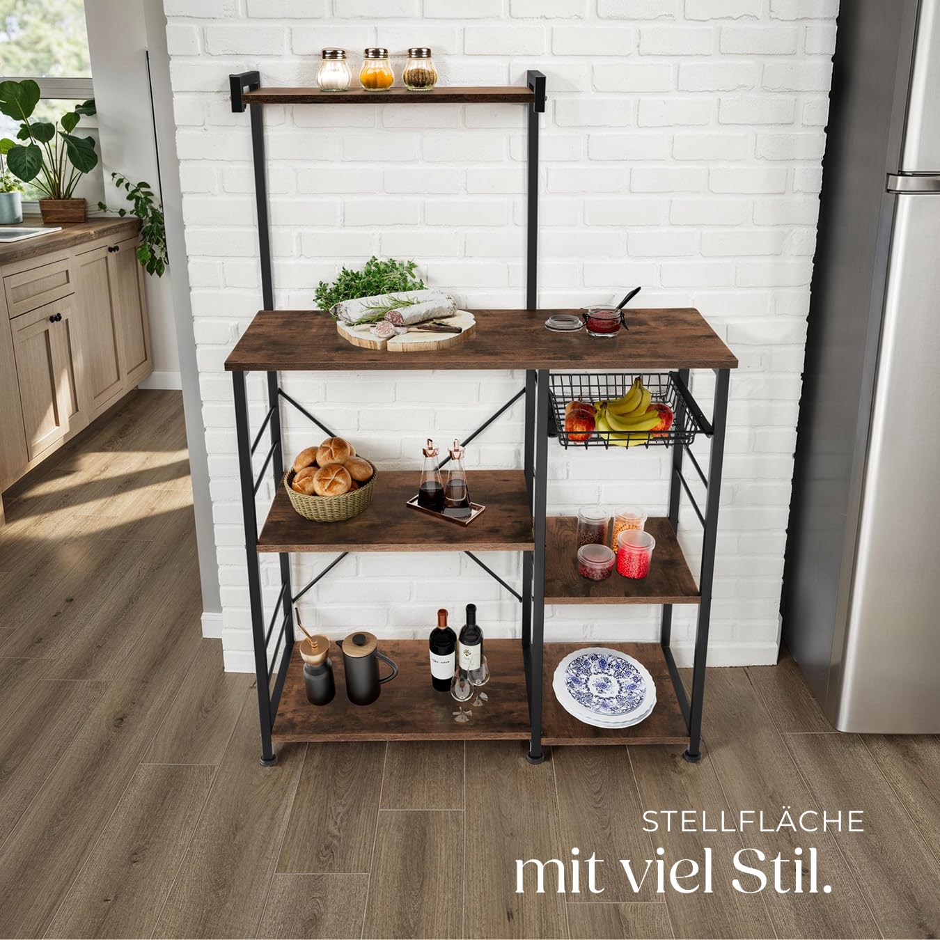 tectake® Küchenregal, Küchenschrank, Regal Metall Holz mit 6 Ablagen, 90x40x131,5cm, Küchenwagen, Kitchen Organizer für Mikrowelle & Geschirr, Kücheninsel - Industrial Dunkelbraun